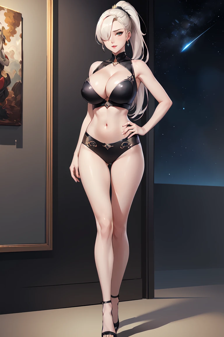 (Best quality at best,Unbeatable masterpiece:1.4),Ultra-detailed CG 4K,Black metal mech,Single high ponytail,Metal heels,Huge cleavage,Nipple presentation,Long white hair,AS-Adult,hair covering one eye,smooth thigh,standing with legs apart,in the stars,face to the viewer,Nipple presentation,navel