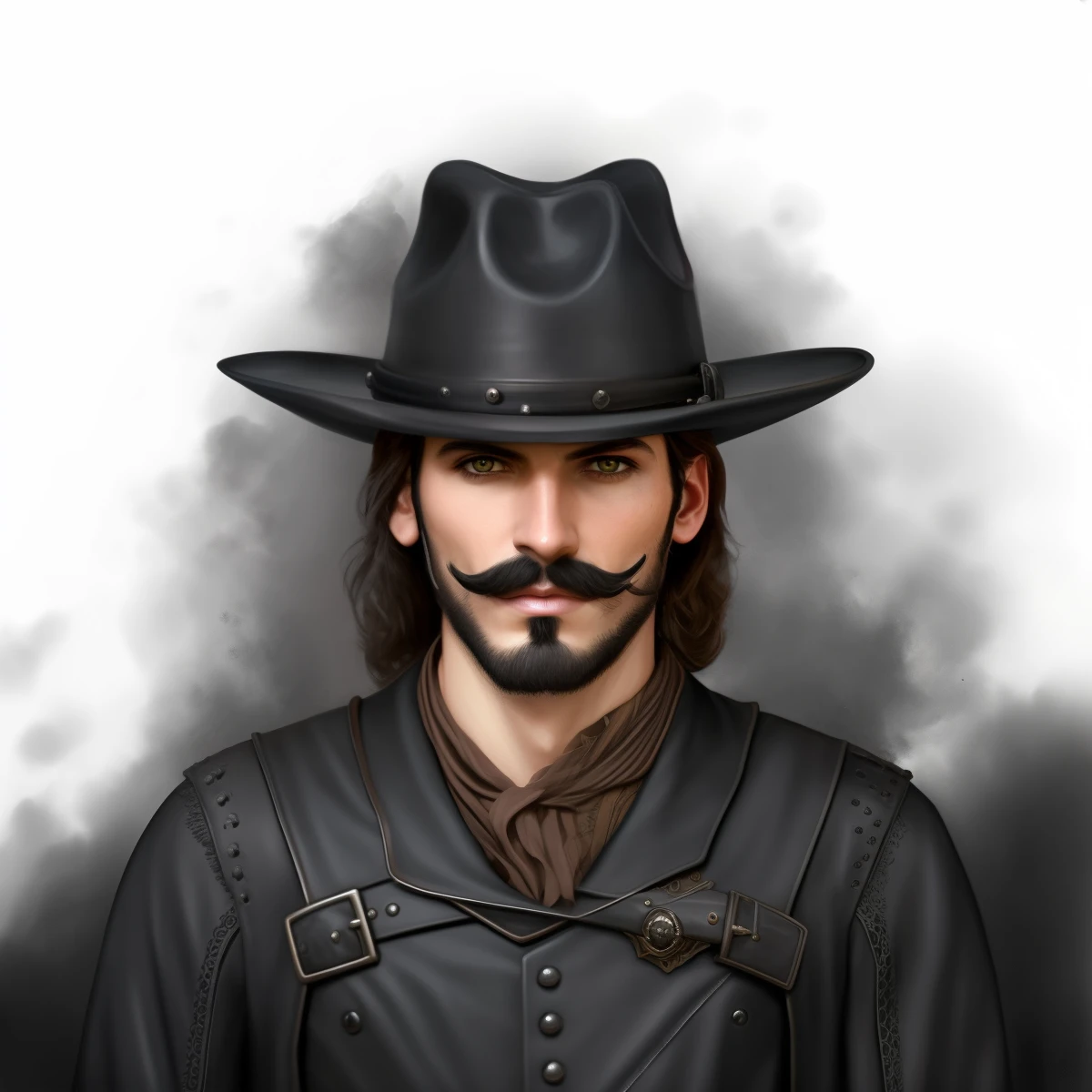 stylish man with hat and mustache in black leather outfit, (( homem com rosto zangado)), um retrato do personagem, portrait of a bloodborne hunter, Retrato masculino steampunk, retrato detalhado do caractere, Arte digital escura, mas detalhada, O Cowboy no Estranho Oeste, ciborgue steampunk ocidental, Stetson preto e casaco, Retrato do personagem darksynth, Homem misterioso, vestido como um xerife ocidental