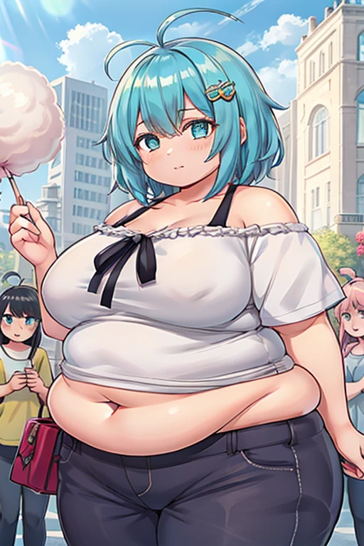Illustration, UHD, retina, masterpiece, accurate, anatomically correct, obese body, fat arms, fat belly, fat big ass, chunky face, big cheeks, super detail, high details, high quality, award winning, best quality, highres, good anatomy, 1080P, HD, 4K, 8k, 16k, 1girl, dynamic pose, thick thighs, upper body potrait, detailed eyes, detailed clothes, detailed hair, rendering, 2 hands, 5 fingers, 2 legs, cotton candy hair, short hair, bangs, ahoge, teal eyes, gradient eyes, wearing a off shoulder white shirt, cyan hair