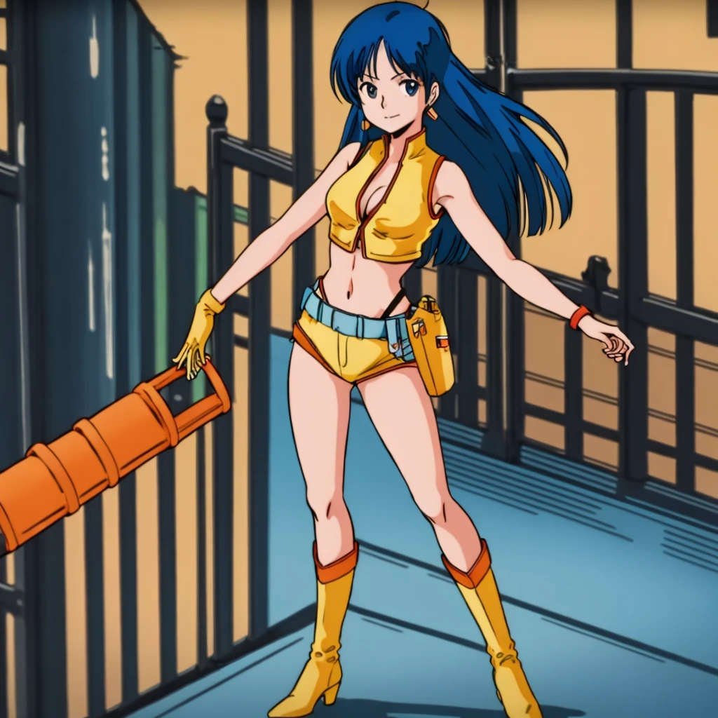 masutepiece,High quality,Ultra high definition,Solo,Outdoors,
Looking at Viewer,Smile,
Yuri,1girl in,
Long hair,Blue hair,earrings,Blue eyes,
yellow crop top,cleavage cutout,Sleeveless,Midriff,
arm strap,
Yellow Single Glove,wristbands,
Yellow Micro Shorts,Clothes Cutout,Belt bag,holster,
Yellowknee High Heel Boots,