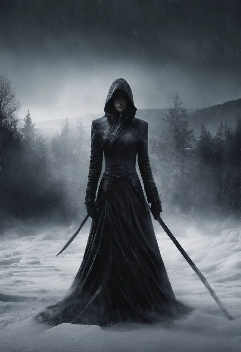 Envision a cinematic scene in a snow-covered land featuring a woman wielding ice power. Her face, crafted with meticulous accuracy, reflects a dark and ominous mood, capturing the essence of an evil presence amid the wintry landscape. The cold, monochromatic tones of the snow-covered land intensify the eerie atmosphere.

In this realistic portrayal, the woman's expression is carefully detailed to convey a sense of malevolence, with shadows accentuating the sinister mood. The snow-covered terrain adds to the darkness, as her ice power contrasts sharply against the desolate backdrop. Each feature of her face is rendered with precision, capturing the cold determination of a character with nefarious intent.

The cinematic quality is heightened by the play of light and shadow on the snow, creating a haunting visual. The woman's ice power, rather than bringing warmth, adds to the chilling atmosphere, emphasizing the ominous nature of her abilities. This scene invites viewers into a world where the beauty of snow is twisted into a sinister and cinematic landscape ruled by a woman with ice power and dark intentions.