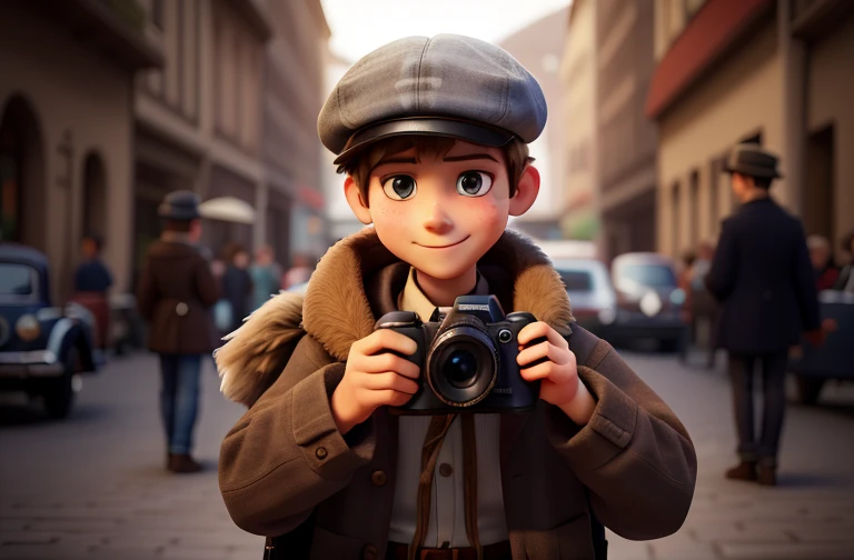Arafed-Bild eines Jungen, who is holding a camera and wearing a hat, Vintage-Fotografie, nostalgische Fotografie, Retro-Fotografie, Fotografie-Stil, Alte Fotografie, Netter Junge, Photography Portrait 4K, Alter Fotostil, HD photography street, Kind, posing for photo, historische Fotografie, schaut in die Kamera, Vintage-Thema, Foto im alten Stil, Blick in die Kamera