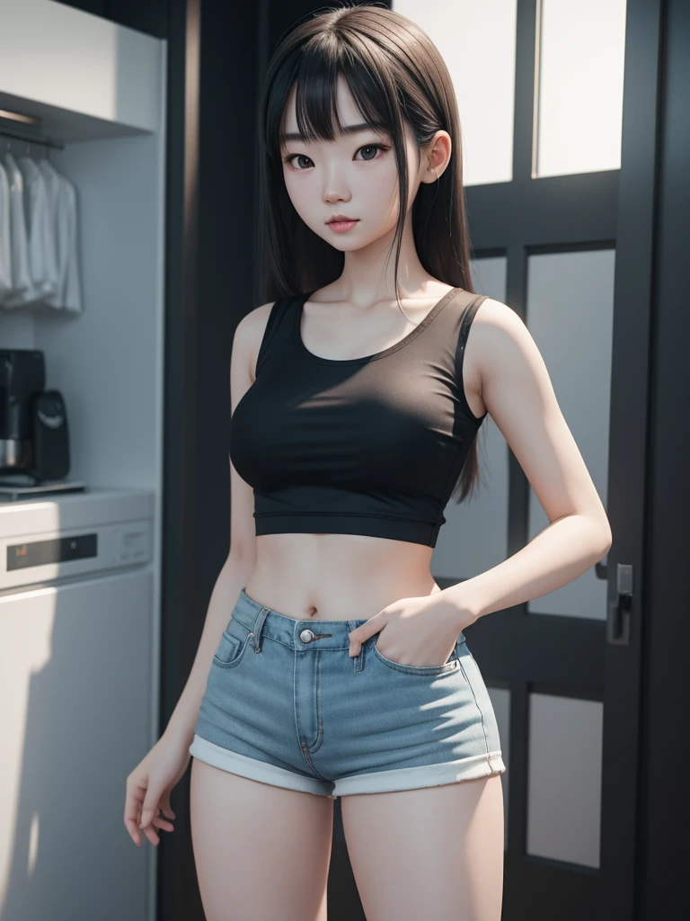 cute Asian girl,18 years old,pale porcelain skin,wearing tight shorts,The entire scene should be rendered in 8K resolution, 3d render