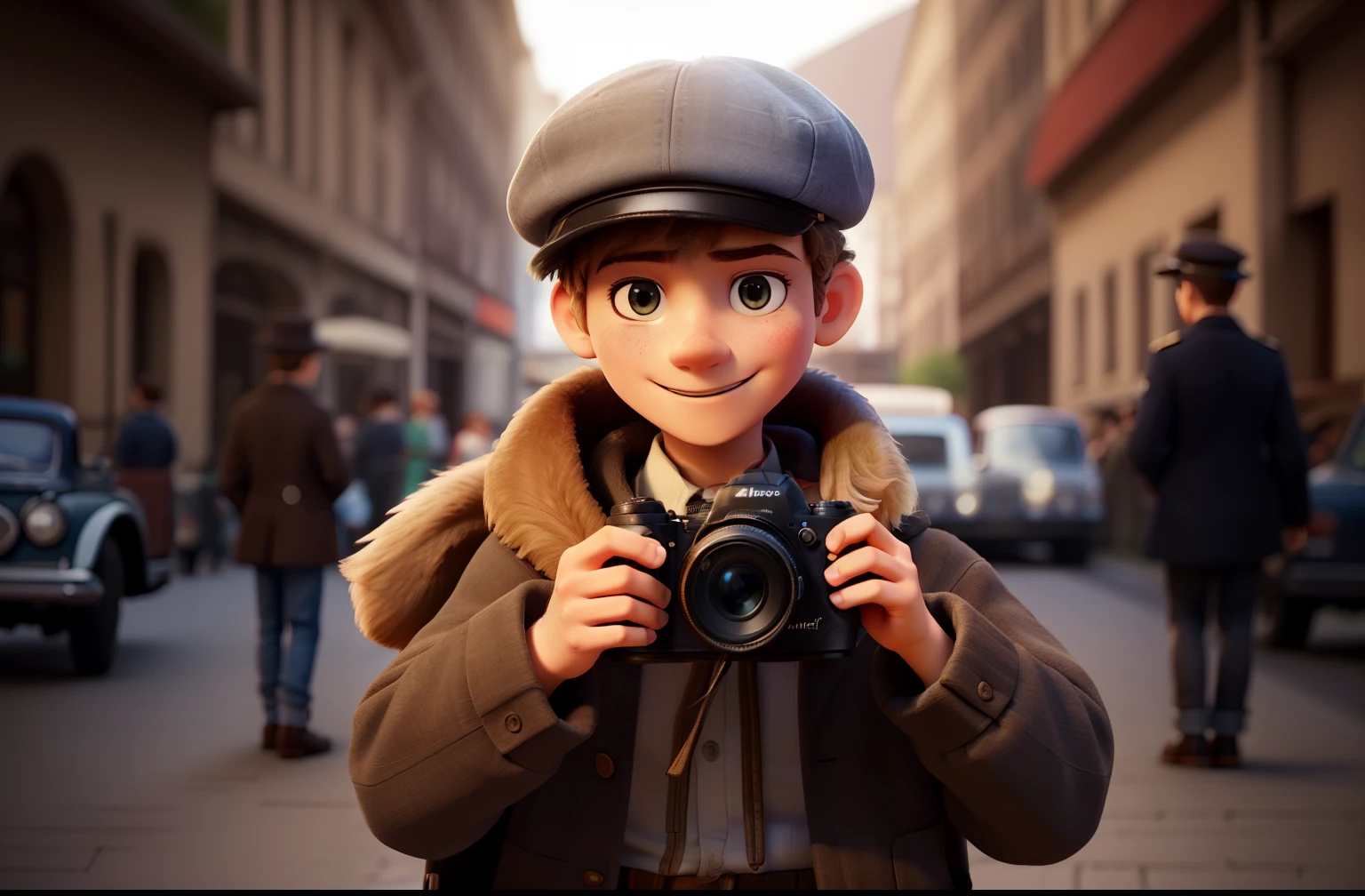Arafed-Bild eines Jungen, who is holding a camera and wearing a hat, Vintage-Fotografie, nostalgische Fotografie, Retro-Fotografie, Fotografie-Stil, Alte Fotografie, Netter Junge, Photography Portrait 4K, Alter Fotostil, HD photography street, Kind, posing for photo, historische Fotografie, schaut in die Kamera, Vintage-Thema, Foto im alten Stil, Blick in die Kamera