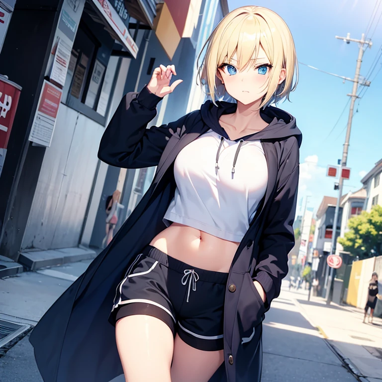 2D Anime Style、Blue eyes、breasts are slightly larger、A cool adult woman with short blonde hair and a shy expression.....、Hoodie that shows your stomach, shorts and long coat, Walking around the city alone,