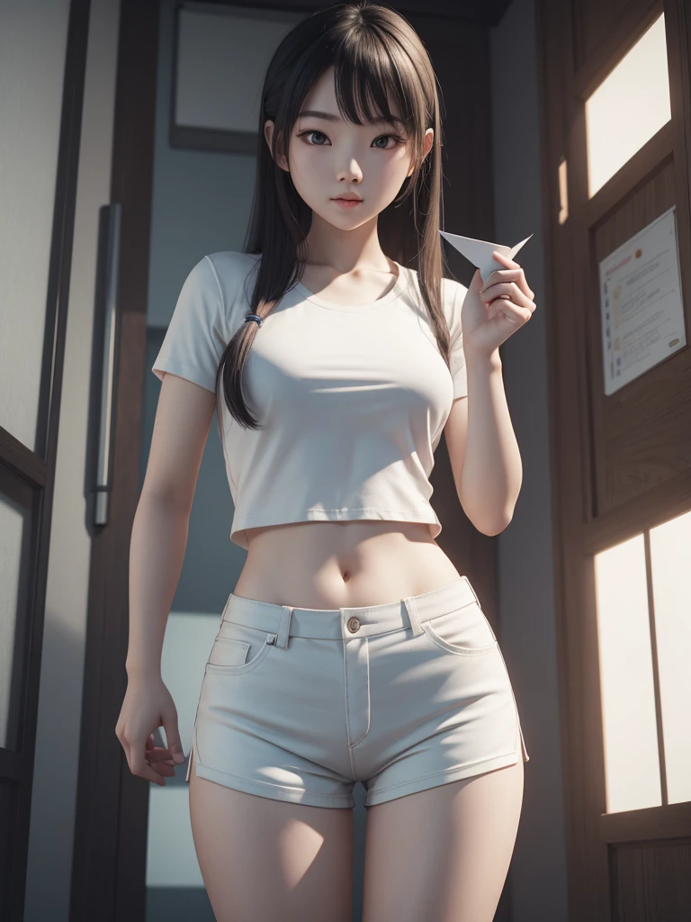 cute Asian girl,18 years old,pale porcelain skin,wearing tight shorts,The entire scene should be rendered in 8K resolution, 3d render, holding the letter r