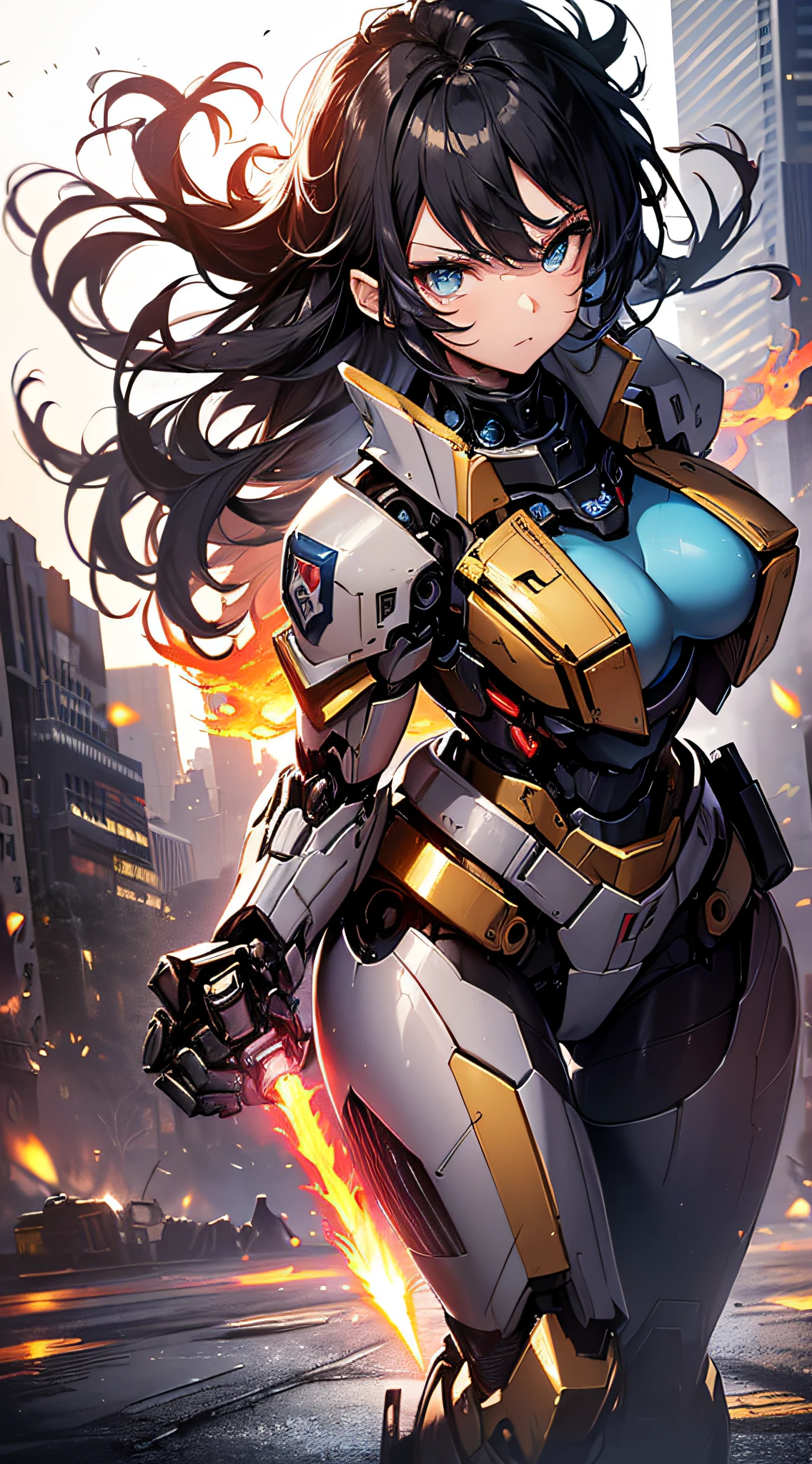 top-quality、Top image quality、masterpiece、girl with((red and blue mechanical body armor、red mechanic arm、purple leg arms、Shining gold body line、sixteen years old、teen ager、cute little、Best Bust、big bast,Beautiful light blue eyes、Breasts wide open, Black hair semi-long、A slender,Large valleys、belligerent movements,glowing whip、Warlike face、fighting poses、red glowing shield、red glowing beam saber)),hiquality、Beautiful Art、Background with((New York City、Pillar of fire,)))、Depth((Black Giant Robot)),masutepiece、depth of fields,Cinematic style