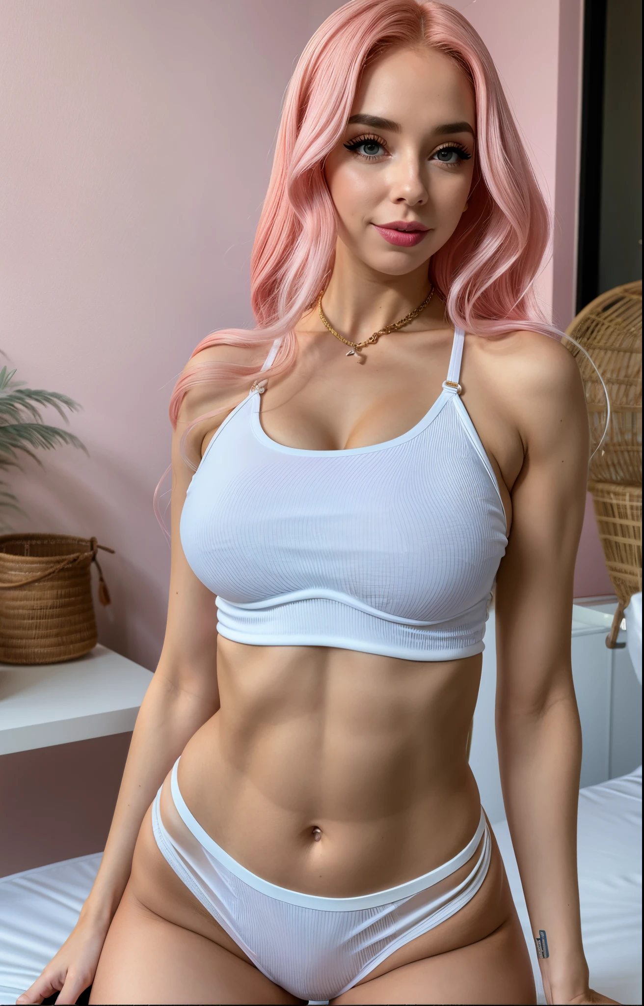 Arafa woman with pink hair posing in a white bikini, ava max, white bra, Amouranth, menina perfeita de cabelos brancos, 2 Modelo feminina de 4 anos, Garota sexy, alexa grace, roupa apertada, mais conhecido como Amouranth, Anna Nikonova aka Newmilky, physical : tinyest midriff ever, foto de modelo de menina slim