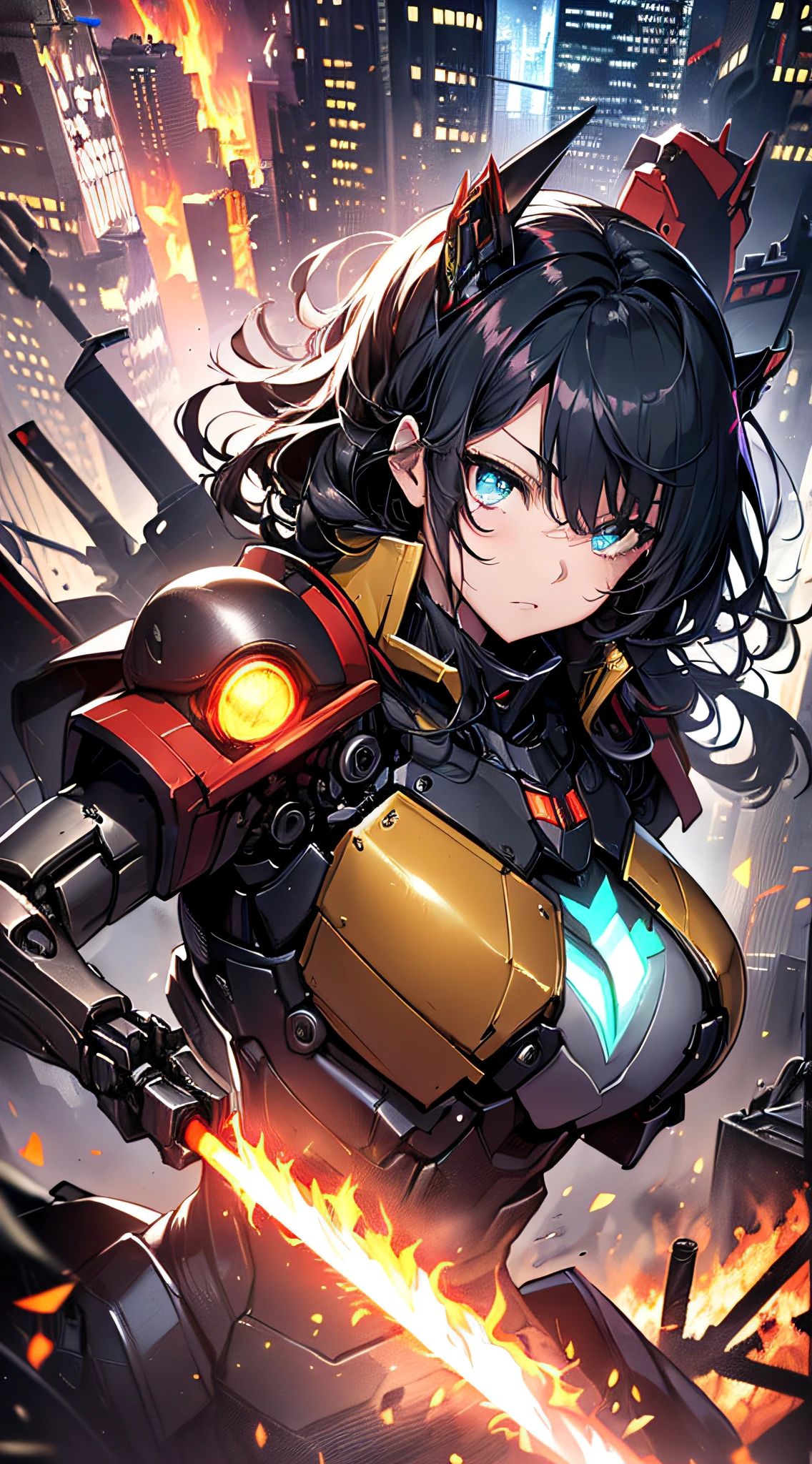 top-quality、Top image quality、​masterpiece、girl with((red and blue mechanical body armor、red mechanic arm、purple leg arms、Shining gold body line、sixteen years old、teen ager、cute little、Best Bust、big bast,Beautiful light blue eyes、Breasts wide open, Black hair semi-long、A slender,Large valleys、belligerent movements,glowing whip、Warlike face、fighting poses、red glowing shield、red glowing beam saber)),hiquality、Beautiful Art、Background with((New York City、Pillar of fire,)))、Depth((Black Giant Robot)),masutepiece、depth of fields,Cinematic style