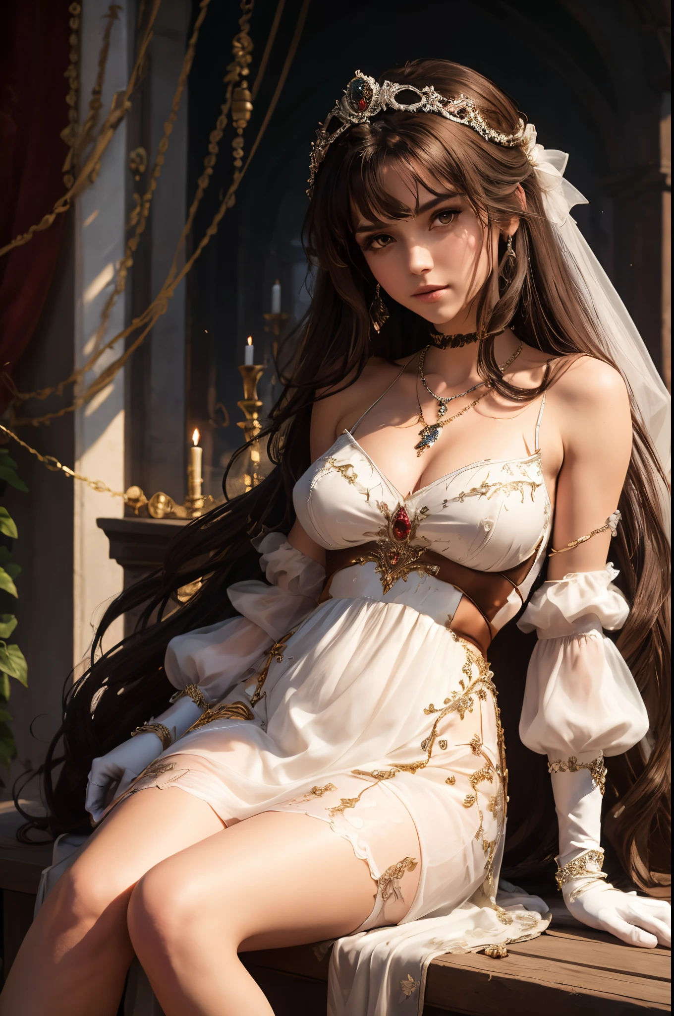 high level of detail, best quality, masterpiece, 1girl, garnet-smf, jewelry, solo, necklace, dress, long hair, tiara, breasts, brown eyes, gloves, brown hair, elbow gloves, cleavage, bare shoulders, medium breasts, white dress, strapless, wedding dress, white gloves, lips, strapless dress, princess ,lips, black hair, skin tight, cowboy shot, collarbone, low-tied long hair, outdoors, castle, clouds, garnet from final fantasy 9, (masterpiece, best quality:1.2),(8k,highres,RAW photo,realistic,photo-realistic:1.3),(detailed skin texture,detailed cloth texture,beautiful detailed face:1.25),professional lighting,photon mapping,beautiful soft light,radiosity,physically-based rendering,model shoot style, model shoot style, (extremely detailed CG unity 8k wallpaper), full shot body photo of the most beautiful artwork in the world, complex 3d render ultra detailed, looking at viewer, 18 yo, wet hair, real human skin, vibrant details, hyperrealistic, beautiful, octane render, 8k, best quality, masterpiece, an extremely delicate and beautiful, extremely detailed ,CG ,unity ,wallpaper, (realistic, photo-realistic:1.37),Amazing, finely detail, masterpiece,best quality,official art, extremely detailed CG unity 8k wallpaper ,extreme detailed eyes, (perfect face), shiny skin, colorful, highest detailed, vibrant colors, ultra high res, (high contrast), intricate, lens flare,