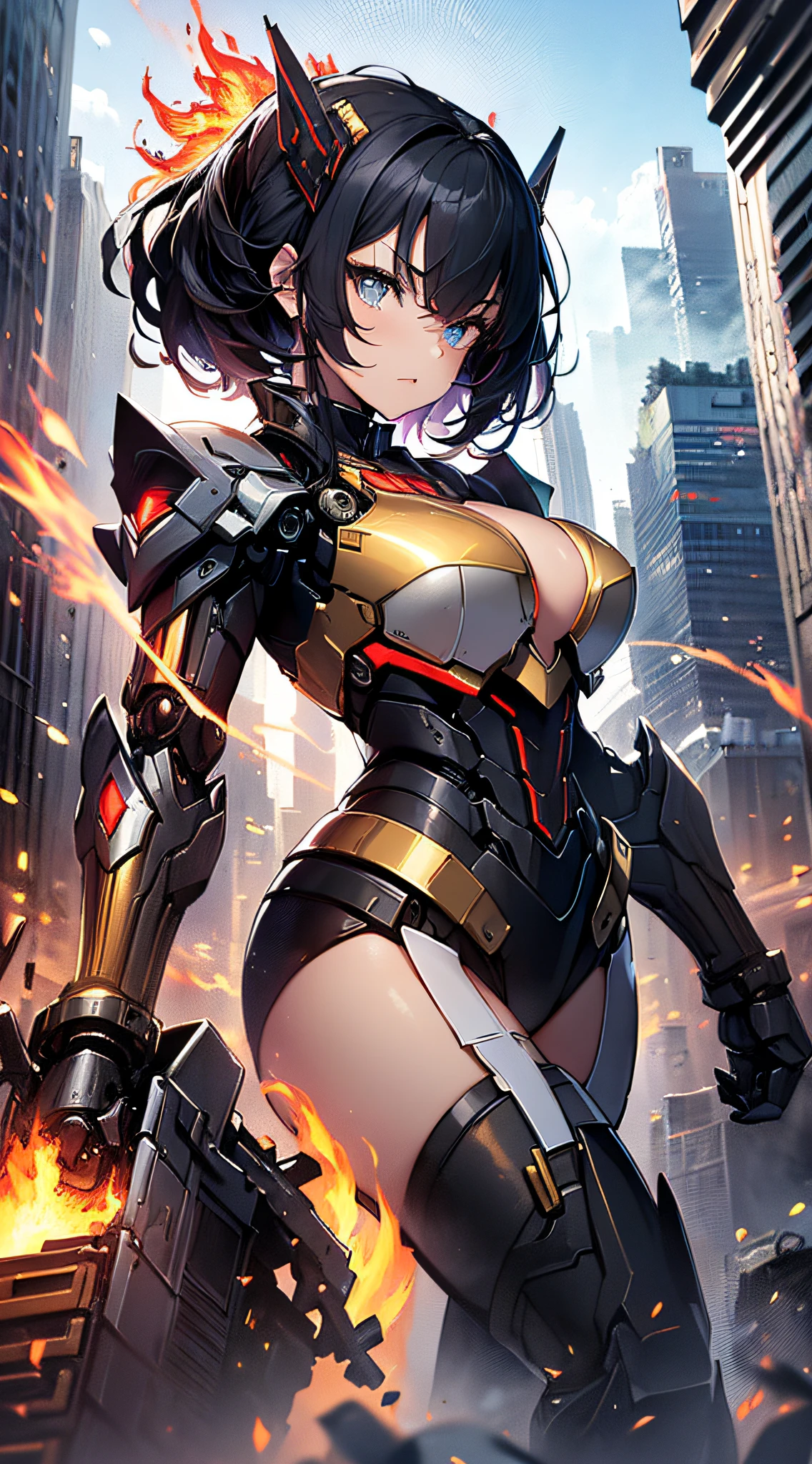 top-quality、Top image quality、​masterpiece、girl with((red and blue mechanical body armor、red mechanic arm、purple leg arms、Shining gold body line、sixteen years old、teen ager、cute little、Best Bust、big bast,Beautiful light blue eyes、Breasts wide open, Black hair semi-long、A slender,Large valleys、belligerent movements,glowing whip、Warlike face、fighting poses、red glowing shield、red glowing beam saber)),hiquality、Beautiful Art、Background with((New York City、Pillar of fire,)))、Depth((Black Giant Robot)),masutepiece、depth of fields,Cinematic style