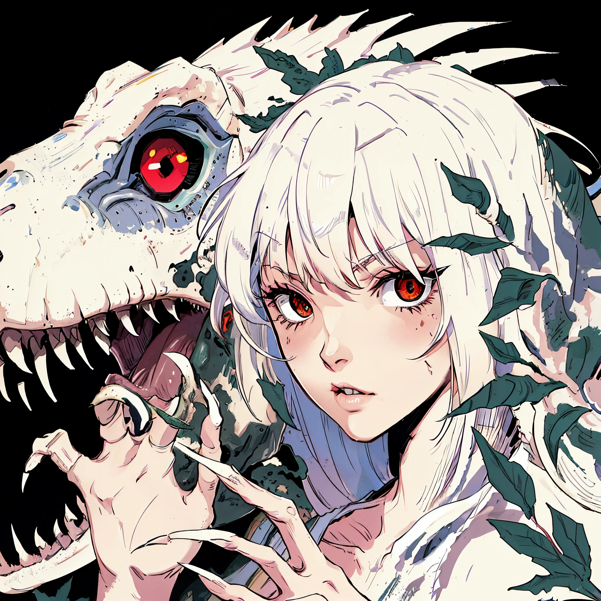 Indominus rex. Girl in dinosaur element. Her image color is white. Red eyes. Sly. Sharp claws.