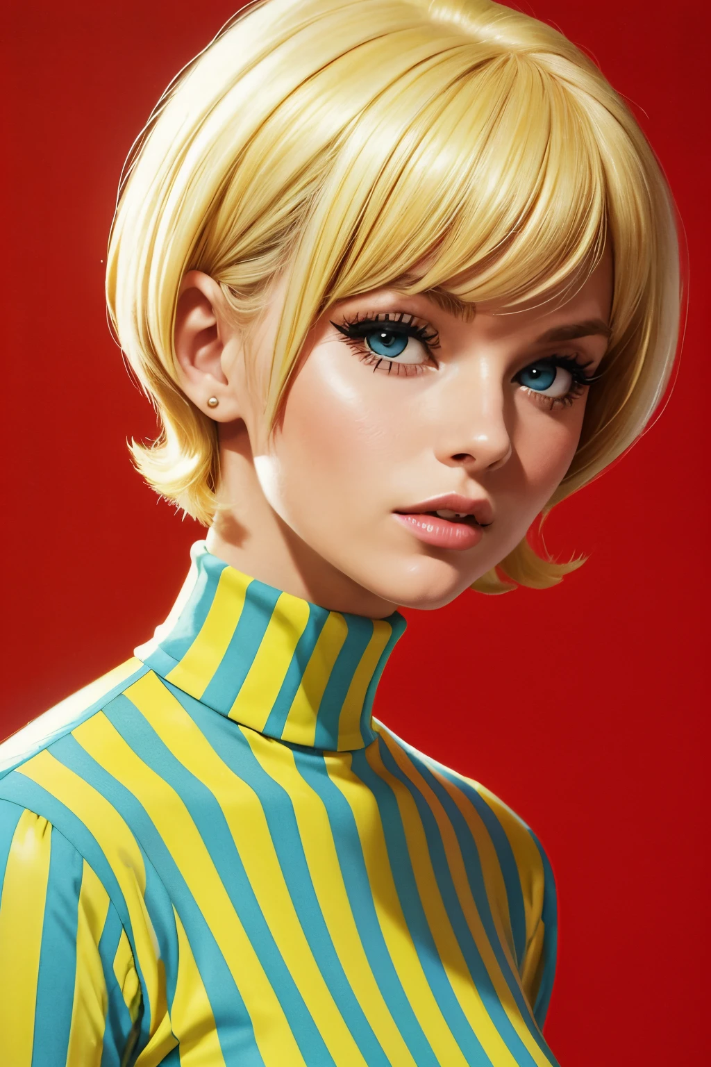 blond woman with short hair and a striped turtle neck shirt, a photo by Allan Linder, flickr, pop art, hair, 60s style, 6 0 s style, brigitte bardot, 1960s style, retro 6 0 s fashion, poppy, cut, medium yellow blond hair, pixie, yellow hair