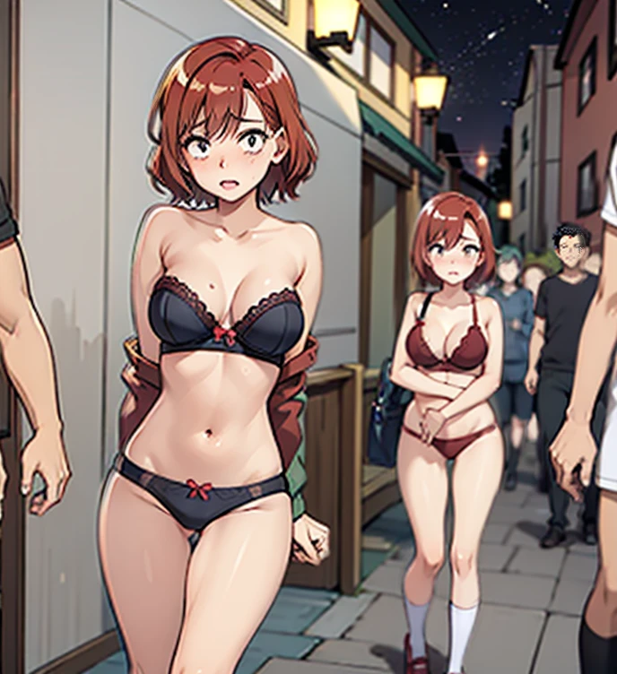 Sexy 25 year old woman, short red hair, bra and panties, only wearing underwear, plain solid color underwear, below the knee socks, shoes, outside, walking, busy city street, nighttime, embarrassed, shy, locked outside, dare, trying to cover up