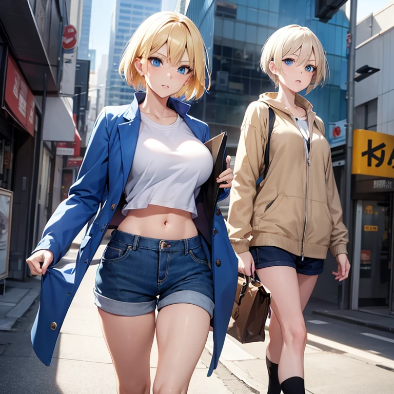 2D Anime Style、Blue eyes、breasts are slightly larger、A cool adult woman with short blonde hair and a serious expression......、Fashion that shows off your stomach, shorts and long coat, Walking around the city alone,
