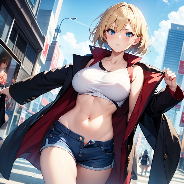 2D Anime Style、Blue eyes、breasts are slightly larger、A cool adult woman with short blonde hair and a serious expression......、Fashion that shows off your stomach, shorts and long coat, Walking around the city alone,