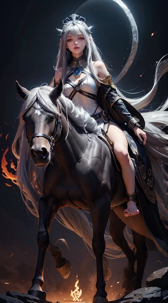 full bodyesbian，The barefoot，Be on one's high horse，girl，deep dark background，Long gray hair，Elaborate Eyes，Gradient color eyes，glowing eyelashes，Rune paper，Pharaoh，By bangs，Be red in the face，runic