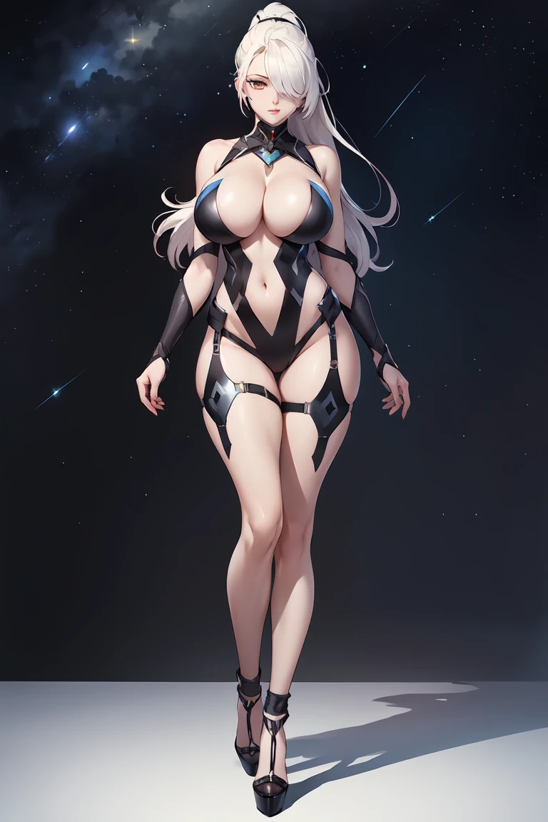 (Best quality,Unbeatable masterpiece:1.4),Ultra-detailed CG 4K,Black metal mech,Single high ponytail,Metal heels,Huge cleavage,Nipple presentation,Long white hair,enchanted,hair covering one eye,smooth thigh,standing with legs apart,in the stars,face to the viewer,Nipple presentation,navel