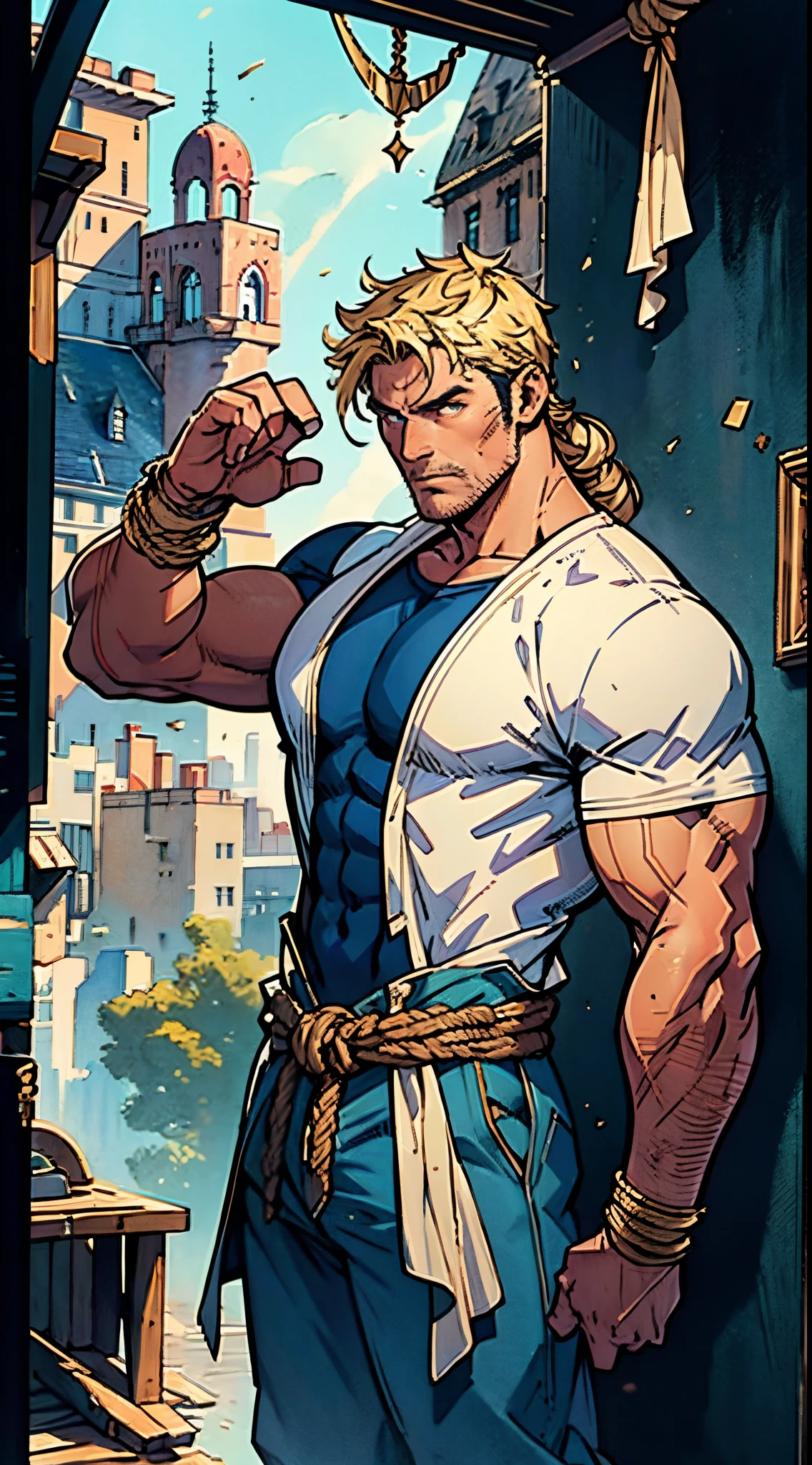 A middle-aged man, dark golden long hair, a wild and unkempt hairstyle, a melancholic gaze, a dignified expression, a tall and muscular physique, a hint of stubble on his face, a fantasy-style tattered clothing, ripped sleeves, reveals his abdominal muscles, one of his arms is missing, a hemp rope is wound around his waist, coarse cloth pants, the background depicts a fantasy-style dilapidated city with crumbling buildings, this character embodies a finely crafted fantasy-realistic style warrior in anime style, exquisite and mature manga art style, high definition, best quality, highres, ultra-detailed, ultra-fine painting, extremely delicate, professional, anatomically correct, symmetrical face, extremely detailed eyes and face, high quality eyes, creativity, RAW photo, UHD, 8k, Natural light, cinematic lighting, masterpiece-anatomy-perfect, masterpiece:1.5