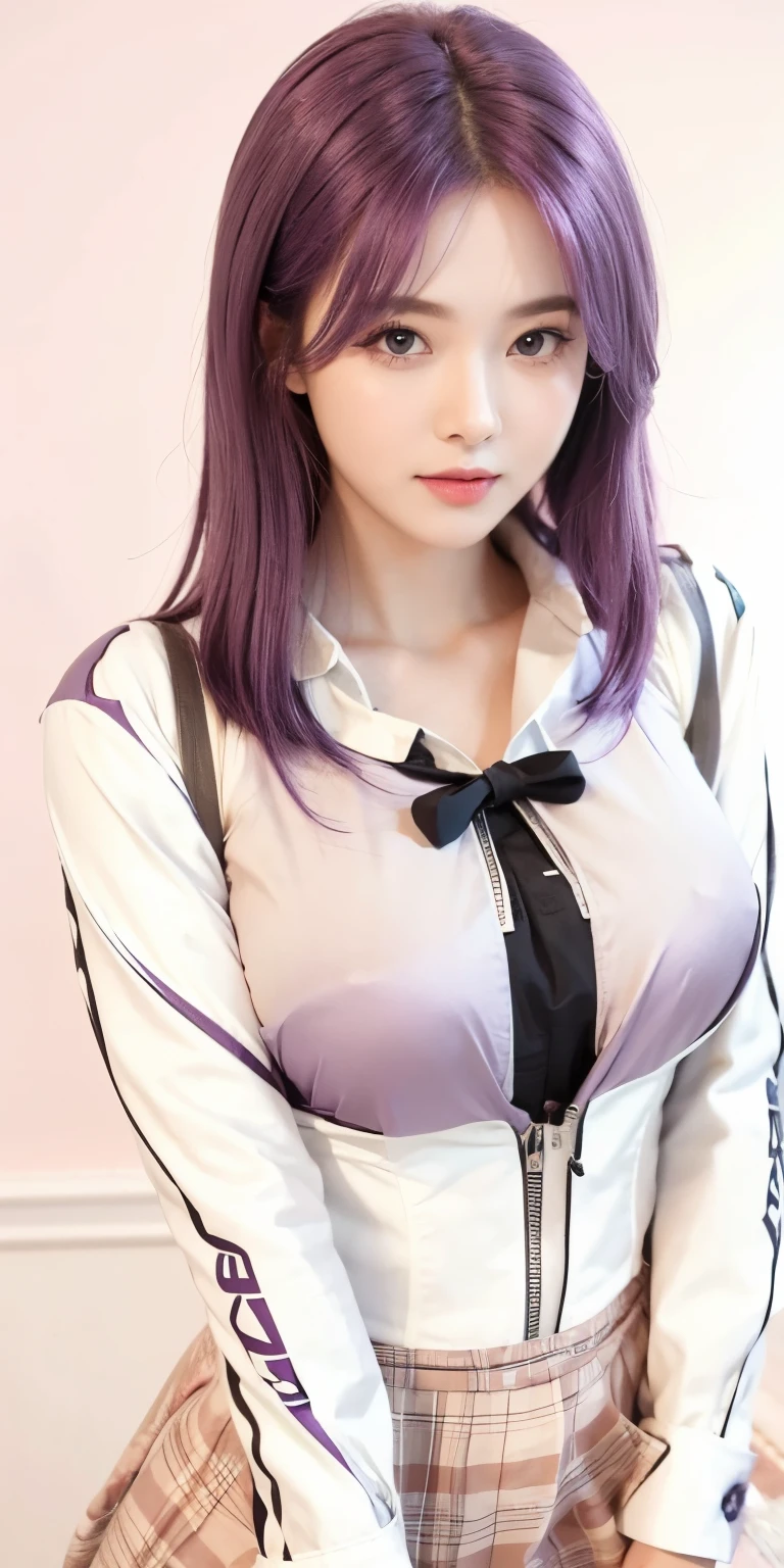 1girl,huge breast, purple hair, high quality, ultra detailed, masterpiece, realistic