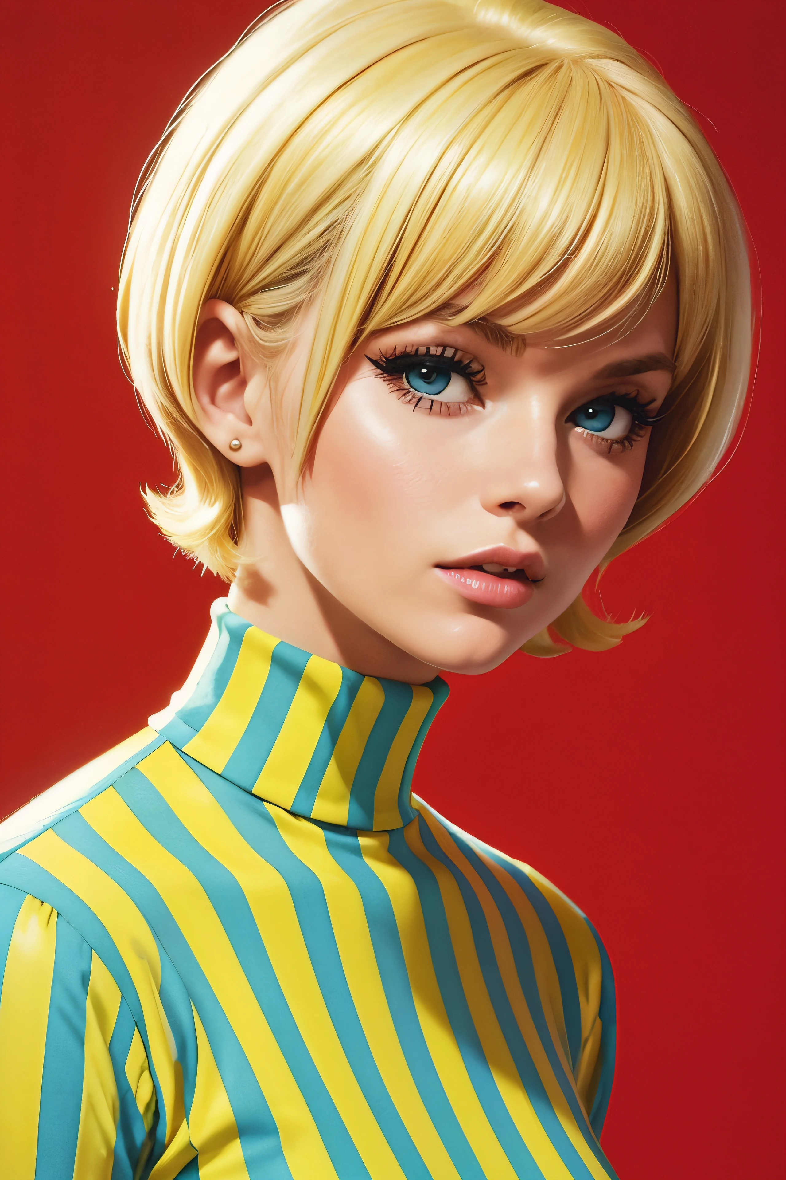blond woman with short hair and a striped turtle neck shirt, a photo by Allan Linder, flickr, pop art, hair, 60s style, 6 0 s style, brigitte bardot, 1960s style, retro 6 0 s fashion, poppy, cut, medium yellow blond hair, pixie, yellow hair