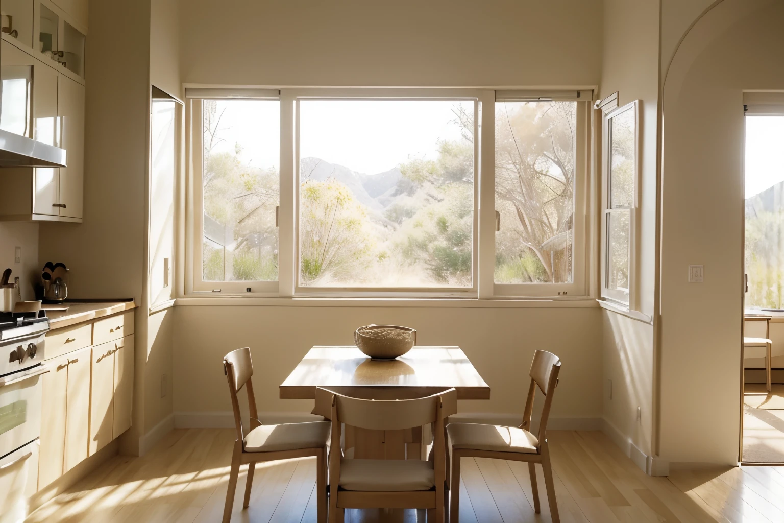 There was a kitchen room,There are large windows , serene and peaceful style, cream - colored room, soft zen minimalist, soothing and cozy landscape, warm interior, natural window lighting, airy landscape, beige color scheme, quiet and serene atmosphere, sand - colored walls, beige and dark atmosphere, warm interior, Relaxing environment, elegant minimalism, beautiful aesthetic design