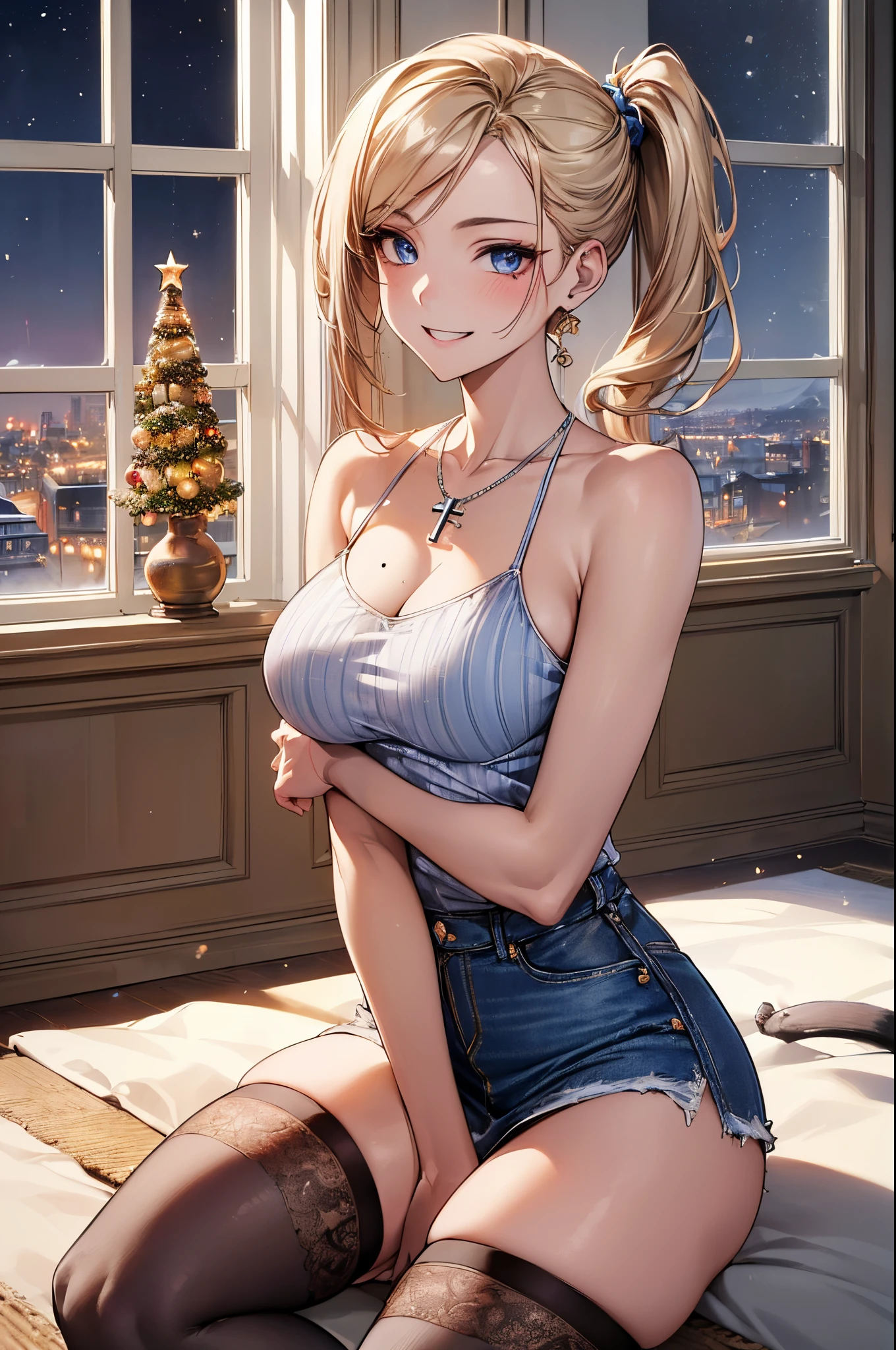 ((((perfect anatomy, super detailed skin)))), 1 girl, japanese, high school girl, shiny skin, large breasts:0.5, watching the view, 
beautiful hair, beautiful face, beautiful detailed eyes, (long hair:1.7, side ponytail:1.5), blond hair, blue eyes, 
beautiful clavicle, beautiful body, beautiful chest, beautiful thigh, beautiful legs, face, mole under eye, 
((stripe camisole, denim mini skirt, thigh-highs), cross necklace), seductive thighs, , 
((smile:1.5, open your mouth wide)), , ((( lot of cats))), 
(beautiful scenery), modern architecture, living room, carpet, sitting floor, window, winter, night, christmas, (christmas tree), snow, snowfall:1.5, freezing weather, frost, 
(8k, top-quality, masterpiece​:1.2, extremely detailed), (photorealistic), beautiful illustration, cinematic lighting,