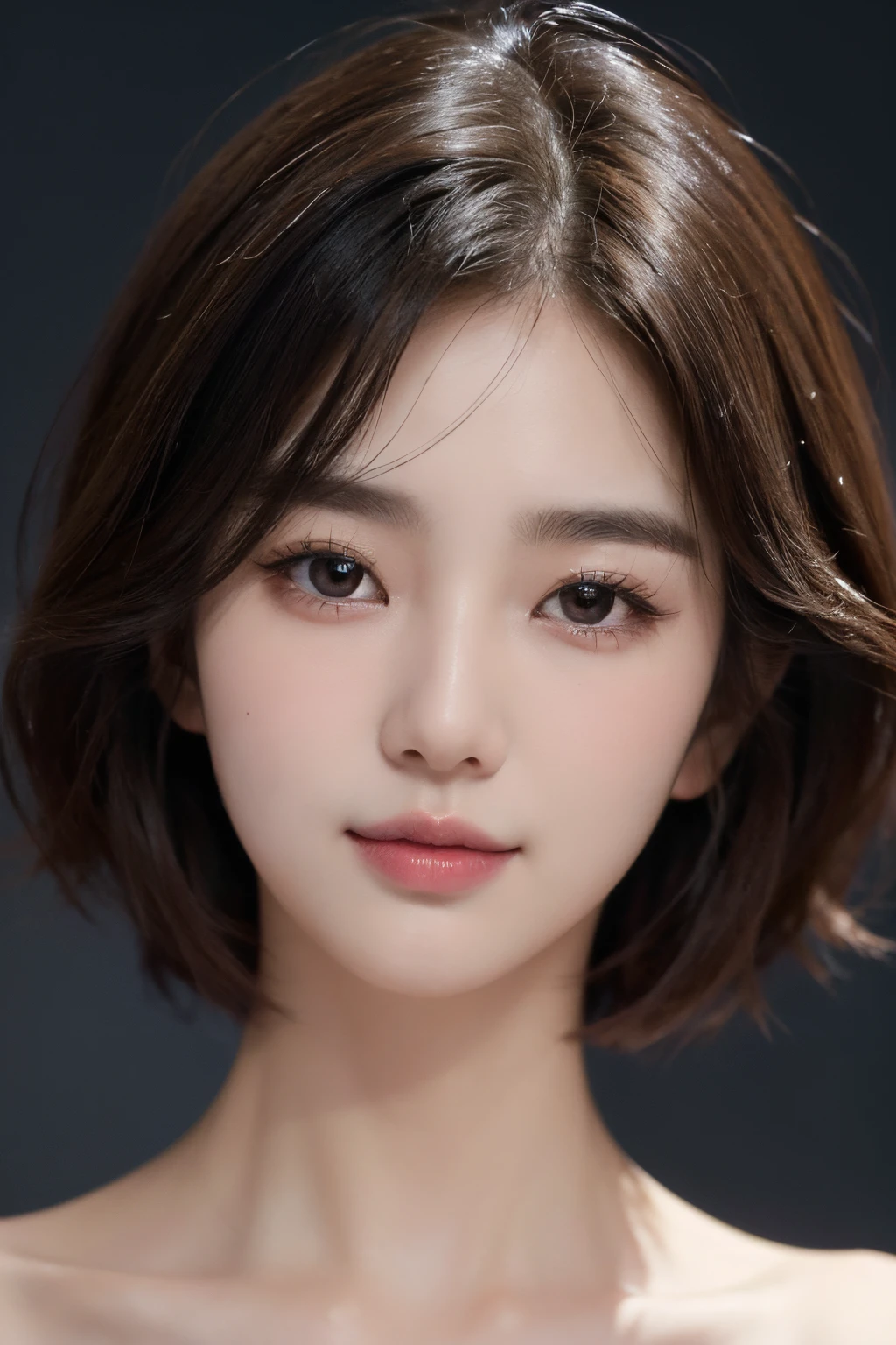 (Best quality,8K,tmasterpiece:1.3),vivd colour,portrait photo of,1 Korean girl,Sweet and cute,Happy expression,Short hair details,attractive collarbone,unique connotation,Detailed close-up of facial features,vague background