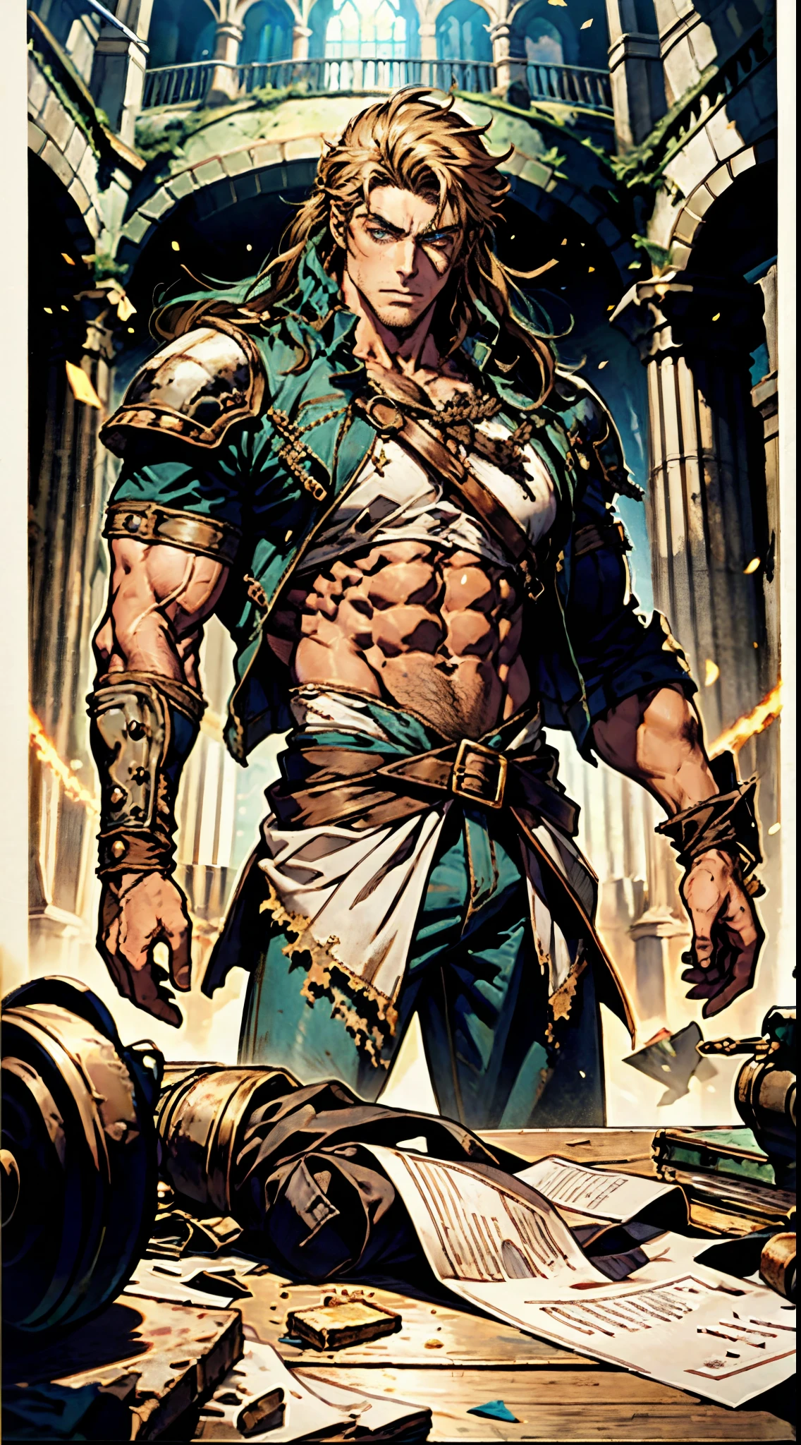 A middle-aged man, dark golden long hair, a wild and unkempt hairstyle, a melancholic gaze, a dignified expression, a tall and muscular physique, a hint of stubble on his face, a fantasy-style tattered clothing, ripped sleeves, reveals his abdominal muscles, one of his arms is missing, a hemp rope is wound around his waist, coarse cloth pants, the background depicts a fantasy-style dilapidated city with crumbling buildings, this character embodies a finely crafted fantasy-realistic style warrior in anime style, exquisite and mature manga art style, high definition, best quality, highres, ultra-detailed, ultra-fine painting, extremely delicate, professional, anatomically correct, symmetrical face, extremely detailed eyes and face, high quality eyes, creativity, RAW photo, UHD, 8k, Natural light, cinematic lighting, masterpiece-anatomy-perfect, masterpiece:1.5