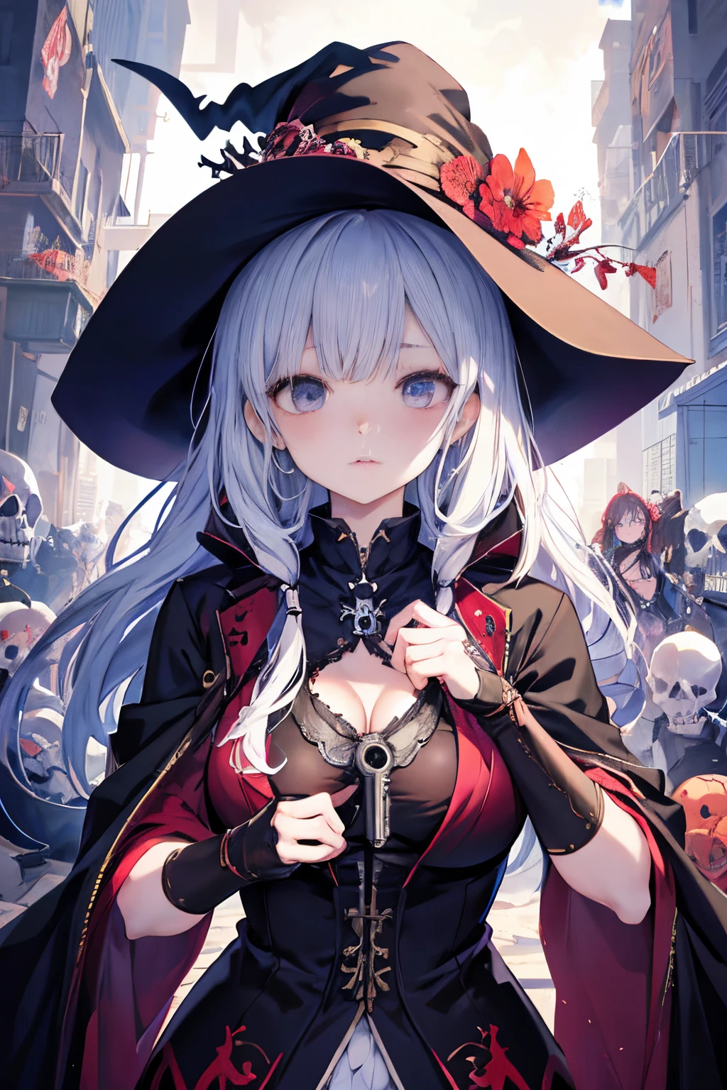 Anime girl holding a skeleton and skull in her hands, anime skull portrait woman, mechanized witch girl, Gothic Maiden anime girl, guweiz on pixiv artstation, guweiz on artstation pixiv, beautiful necromancer girl, Detailed Digital Anime Art, cushart krenz key art feminine, detailed anime character art, Detailed key anime art