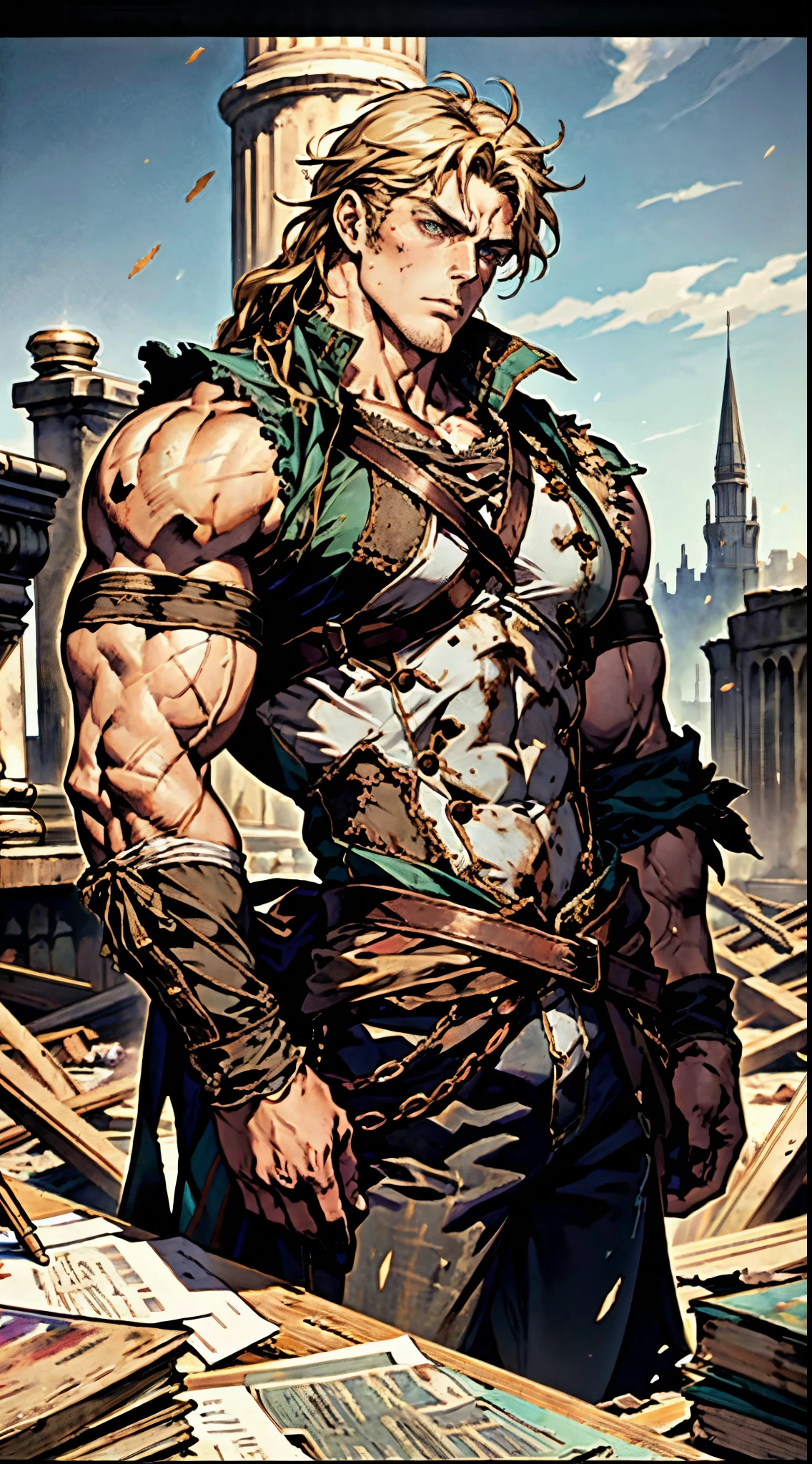 A middle-aged man, dark golden long hair, a wild and unkempt hairstyle, a melancholic gaze, a dignified expression, a tall and muscular physique, a hint of stubble on his face, a fantasy-style tattered clothing, ripped sleeves, reveals his abdominal muscles, one of his arms is missing, a hemp rope is wound around his waist, coarse cloth pants, the background depicts a fantasy-style dilapidated city with crumbling buildings, this character embodies a finely crafted fantasy-realistic style warrior in anime style, exquisite and mature manga art style, high definition, best quality, highres, ultra-detailed, ultra-fine painting, extremely delicate, professional, anatomically correct, symmetrical face, extremely detailed eyes and face, high quality eyes, creativity, RAW photo, UHD, 8k, Natural light, cinematic lighting, masterpiece-anatomy-perfect, masterpiece:1.5