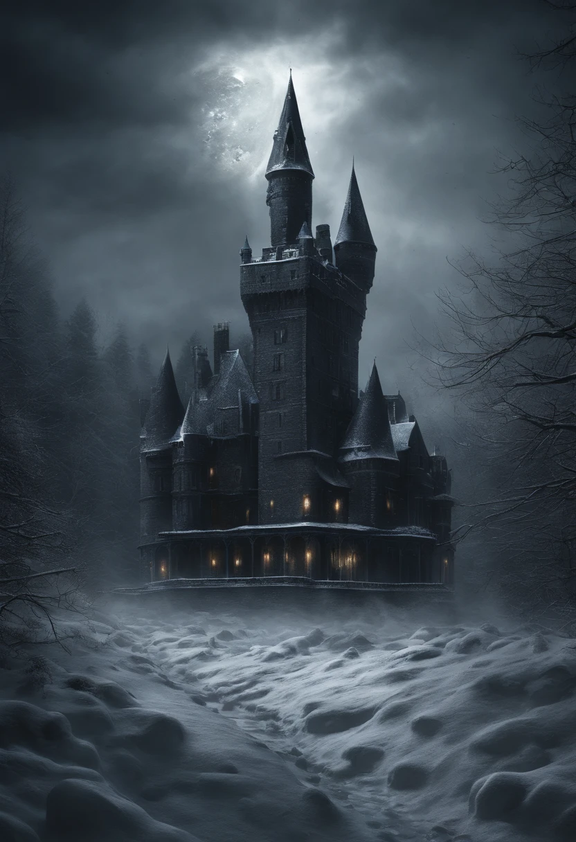 Craft a cinematic hyper-realistic image featuring a castle shrouded in an eerie, dark ambiance amidst a snow-covered landscape. The moonlight casts long shadows over the snow, revealing the intricate details of the castle's architecture. The stark contrast between the deep shadows and the soft glow of the snow creates a hauntingly beautiful atmosphere. Surrounding trees, laden with snow, add to the sense of isolation and mystery. Ensure that the overall tone reflects a brooding and dramatic aesthetic, capturing the captivating essence of a castle in the snow under the cover of darkness.