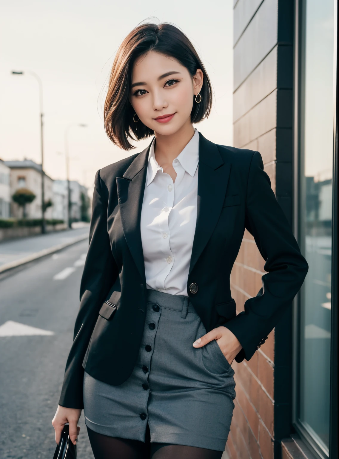 A woman in a short skirt and jacket standing by a wall - SeaArt AI