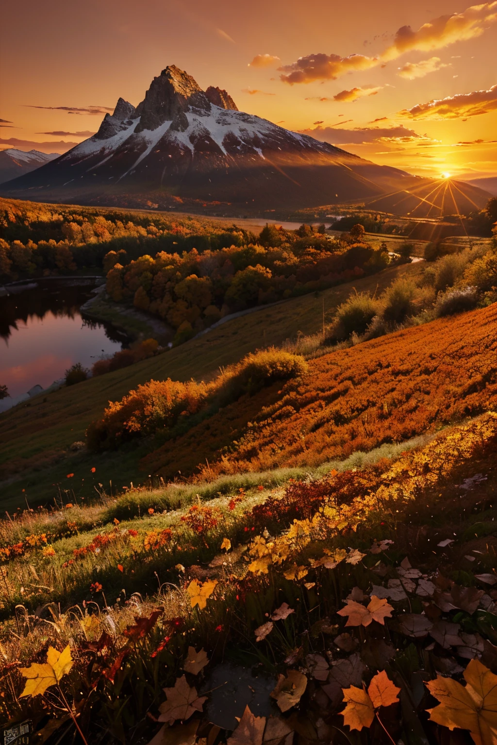 masterpiece,best quality,lycoris,flower field,depth of field,dusk,orange sky,sunset,glow,lake,autumn,maple,fallen leaves, mountain ((tileset))
