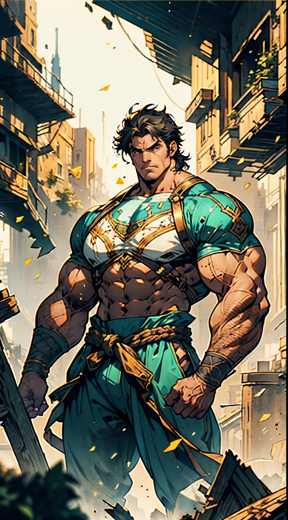 A middle-aged man, dark golden long hair, a wild and unkempt hairstyle, a melancholic gaze, a dignified expression, a tall and muscular physique, a hint of stubble on his face, a fantasy-style tattered clothing, ripped sleeves, reveals his abdominal muscles, one of his arms is missing, a hemp rope is wound around his waist, coarse cloth pants, the background depicts a fantasy-style dilapidated city with crumbling buildings, this character embodies a finely crafted fantasy-realistic style warrior in anime style, exquisite and mature manga art style, high definition, best quality, highres, ultra-detailed, ultra-fine painting, extremely delicate, professional, anatomically correct, symmetrical face, extremely detailed eyes and face, high quality eyes, creativity, RAW photo, UHD, 8k, Natural light, cinematic lighting, masterpiece-anatomy-perfect, masterpiece:1.5