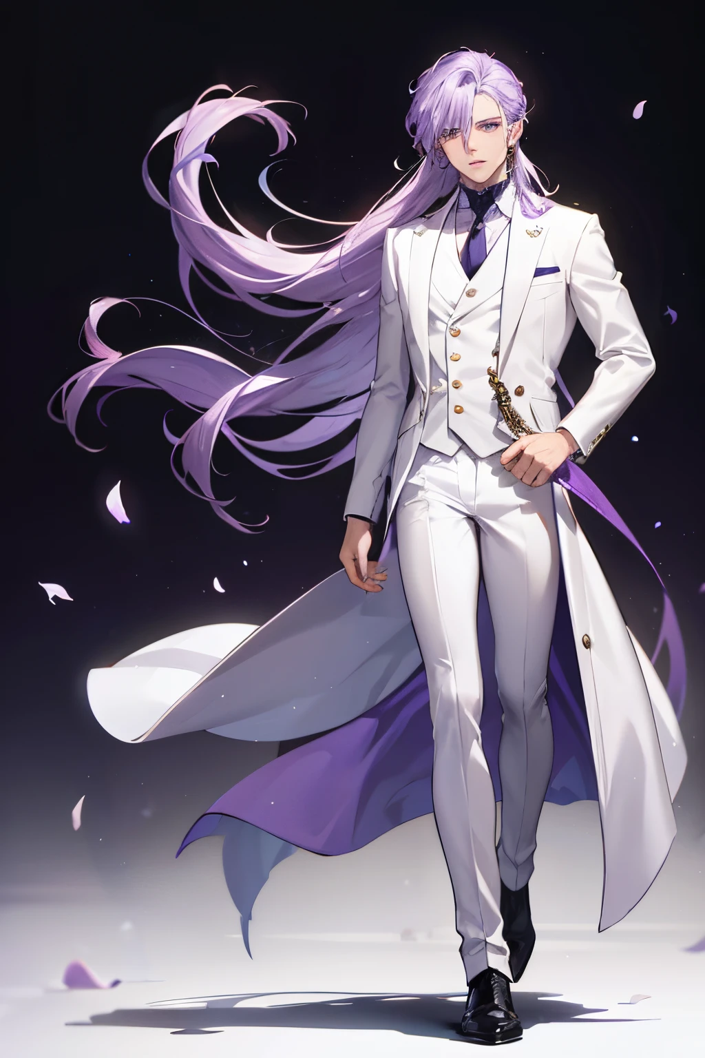 male people, Movie Lighting, Best Quality, illustratio,White handbags,Purple hair, 1male people, Solo,Full Body Pose,Facing this way, Long hair, long hair to the waist,Eau, Eyes are purple, Parted lips, liquid hair, purple color hair, Allback, full body Esbian, Simple background, Gray background, White suit, hair between eye, White background, earrings,full body Esbian,Leather shoes,White handbags,male people,Wedding,bridegroom