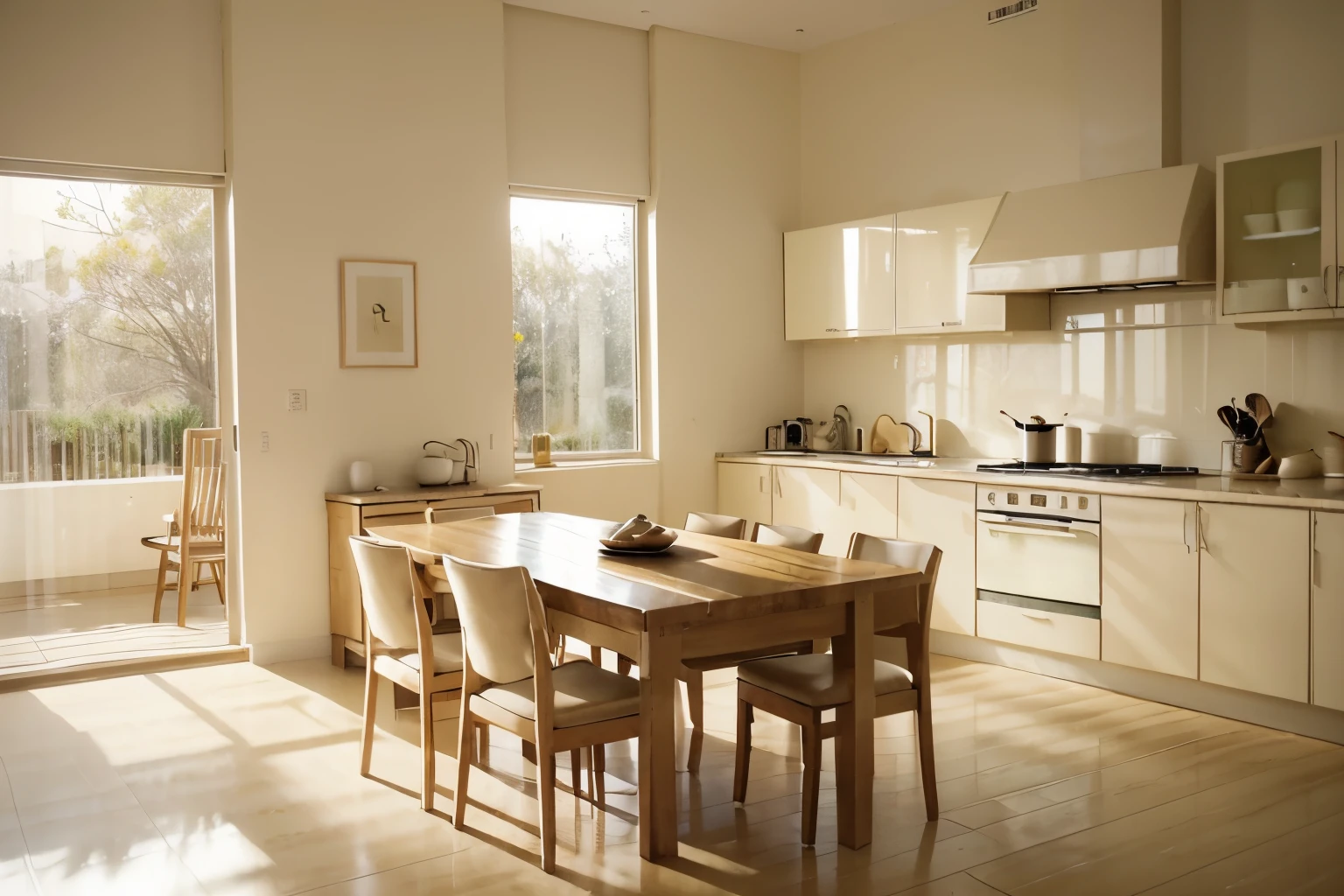 There was a kitchen room，There are large windows , serene and peaceful style, cream - colored room, soft zen minimalist, soothing and cozy landscape, warm interior, natural window lighting, airy landscape, beige color scheme, quiet and serene atmosphere, sand - colored walls, beige and dark atmosphere, warm interior, Relaxing environment, elegant minimalism, beautiful aesthetic design