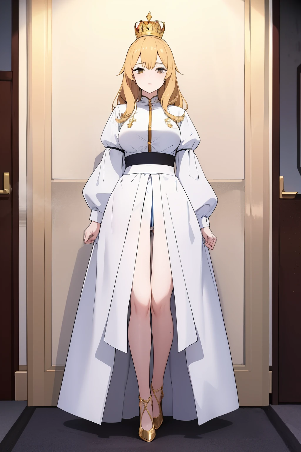 Cute girl , queen , crown , gold , decorated white and gold clothes , adult girl , full body
