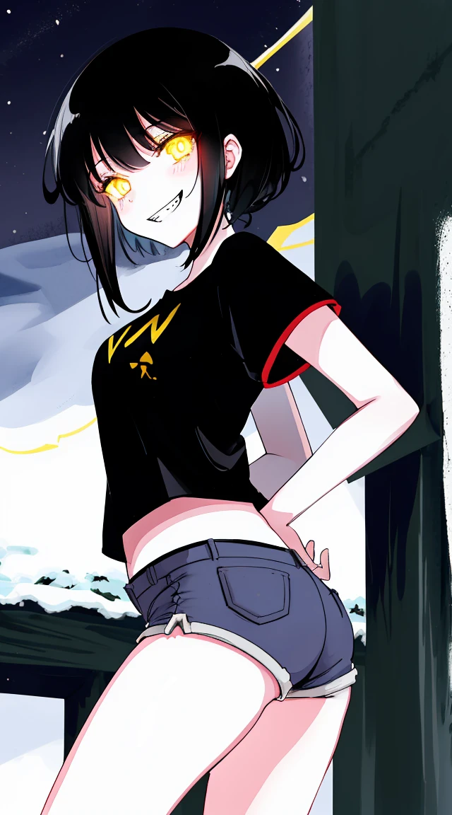 Very detailed, hiquality, (A girl:1.4), Thick, tousled, medium length matte black hair, Bright yellow glowing eyes, snow white skin, Predatory grin, look at the booty, Short shorts, t shirt, in night,