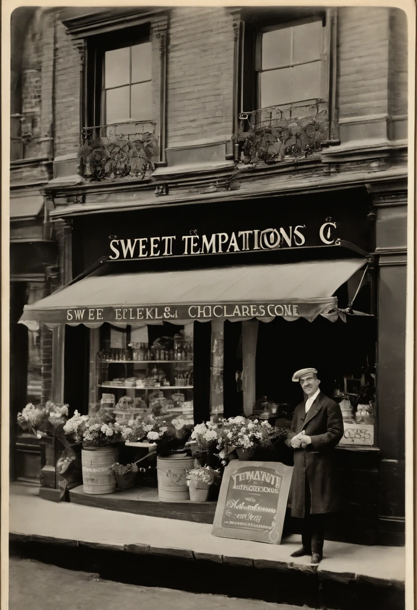 A photo of a quaint little chocolate shop with a charming vintage exterior, adorned with blooming window boxes and a sign that reads 'Sweet Temptations Chocolate Co.',original,Extremely handsome white man with dark hair and some stubble. Chiseled face. Early to mid forties. Chef. Chocolate maker.