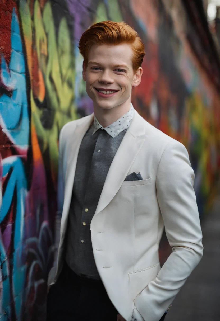 The image is of Jerome standing in front of a row of colorful graffiti-covered walls, holding a can of spray paint and grinning mischievously at the camera.,Gotham TV series,Jerome is tall, pale, has short ginger hair, famously portrayed by Cameron Monaghan