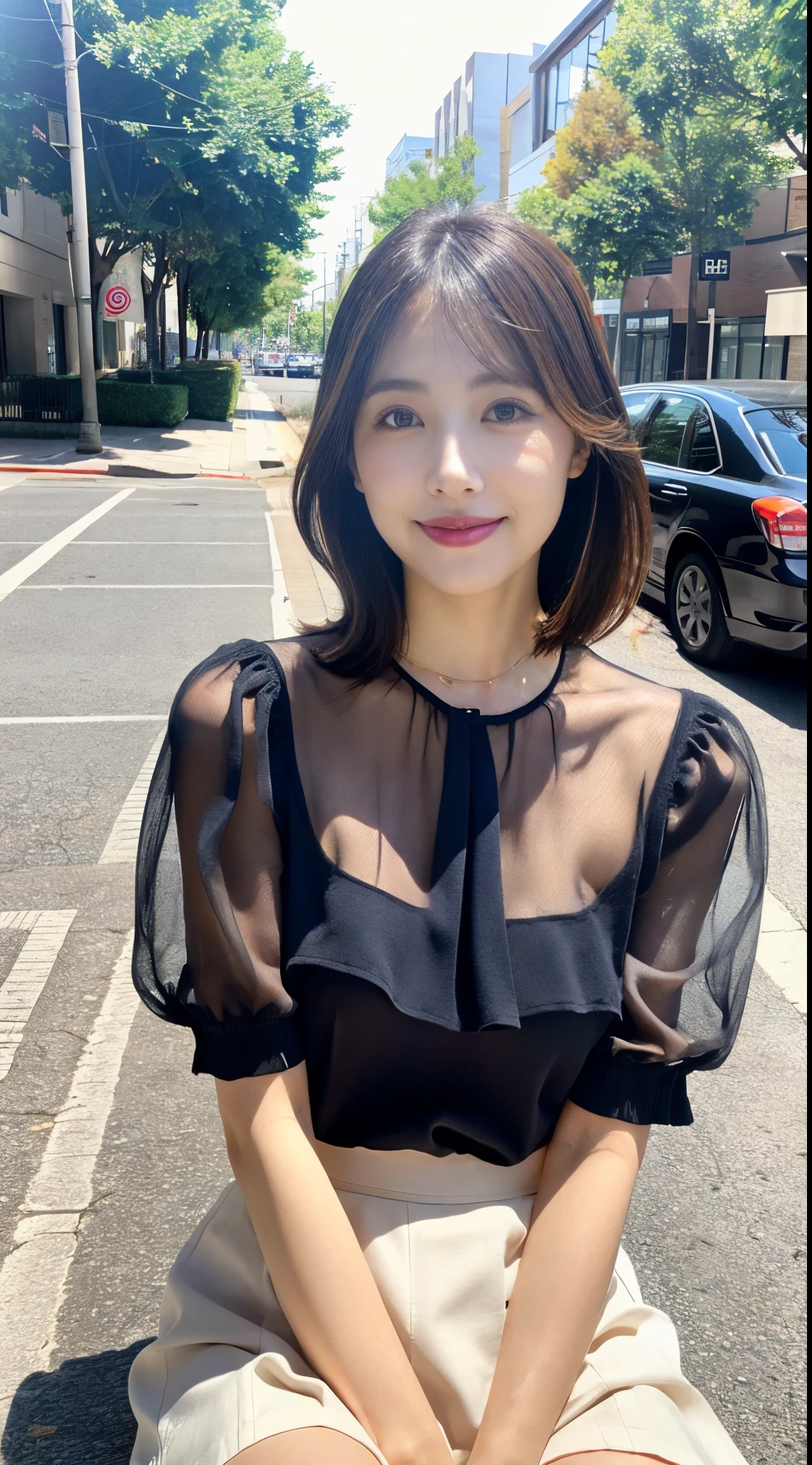 ulzzang -6500-v1.1, (Raw photo:1.2), (Photorealsitic), (See-through:1.3), (Real:1.4),  Upper class woman sitting on beautiful park lawn with purse and handbag, Sitting, (No bra)、game_nffsw, Wearing an ultra-thin silk blouse over naked、Wearing ((Sukesuke Silk Blouse:1.3)), jaw-dropping beauty、 thighhighs and skirt, (Wear ultra-realistic pantyhose)、elegant japanese woman, Ultra-thin white shirt and gray skirt, transparent gray skirts, Japanese Models, Wearing a blouse, japanese city street fashion, japanese street fashion, dressed with long fluent clothes, dressed with fluent clothes, very pretty model, Wearing a white blouse, Cute elegant pose、A smile、Realistic skin feeling、shinny skin、Exposed thighs!!!、