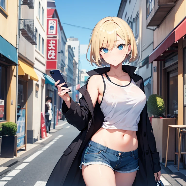 2D Anime Style、Blue eyes、breasts are slightly larger、A cool adult woman with short blonde hair and a serious expression...........、Fashion that shows off your stomach, shorts and long coat,Holding a bag in your right hand,Hold your smartphone in your left hand,Walking around the city alone,