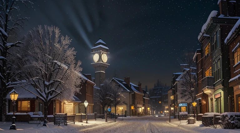 a painting of a snowy street with a clock tower in the background, snowy night, inspired by Evgeny Lushpin, by Evgeny Lushpin, snowfall at night, winter night, greg hildebrandt highly detailed, snowy winter christmas night, thomas kinkade style painting, style of tim hildebrandt, thomas kincade, winter painting, background artwork, ( thomas kincade )