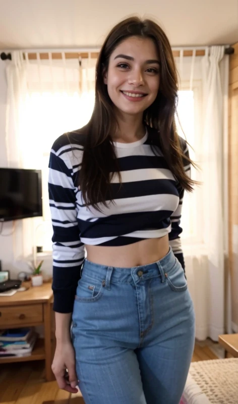 arafed woman in a striped shirt and jeans standing in a room, 2 4 year old female model, Llevar un lindo top, Llevar un sexy top recortado, she is facing the camera, she is smiling and excited, Su vestuario es atractivo, Usar ropa casual, Ella tiene dientes blancos perfectos, she expressing joy, Ella tiene una cara linda