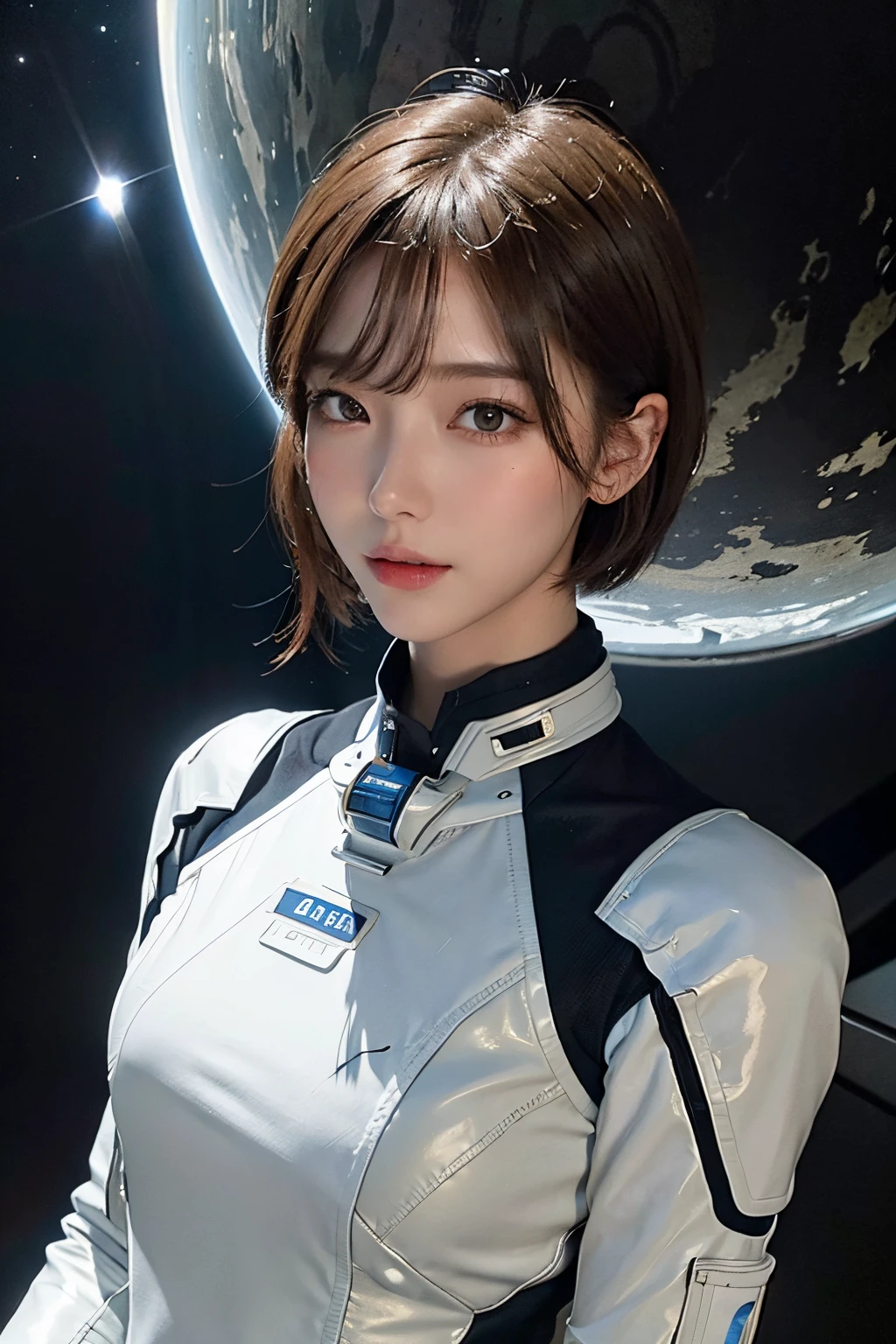 top-quality、masterpiece、超A high resolution、(realisitic:1.4)、Beautuful Women1、Beautiful detail eyes and skin、ssmile、Light brown short-cut hair、The perfect spacesuit、spaceships、cosmic space、The Dark Universe、