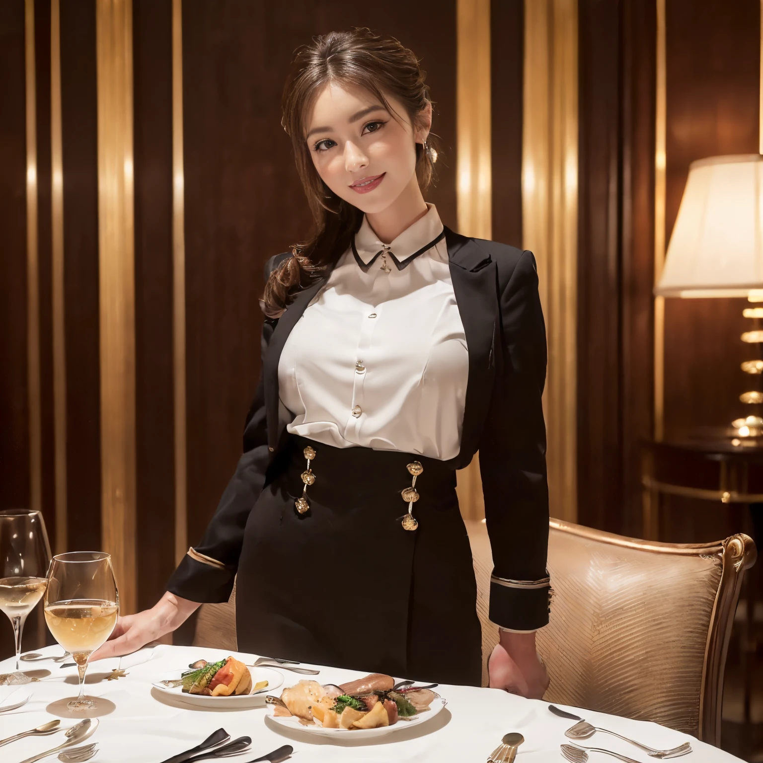 ((top-quality、masutepiece、8K、Top image quality、Hyper-Realism))、(1 photo:1.5)、(real female hotelier:1.3)、(standing elegantly:1.1)、(cowboy shot:1.5)、((The background is the most luxurious high-end hotel dining:1.5)、(Perfect real hotel man uniform:1.5)、(Chignon)、Elegant smile、Perfect makeup、long eyelashes、View me、(perfect anatomia:1.3)
