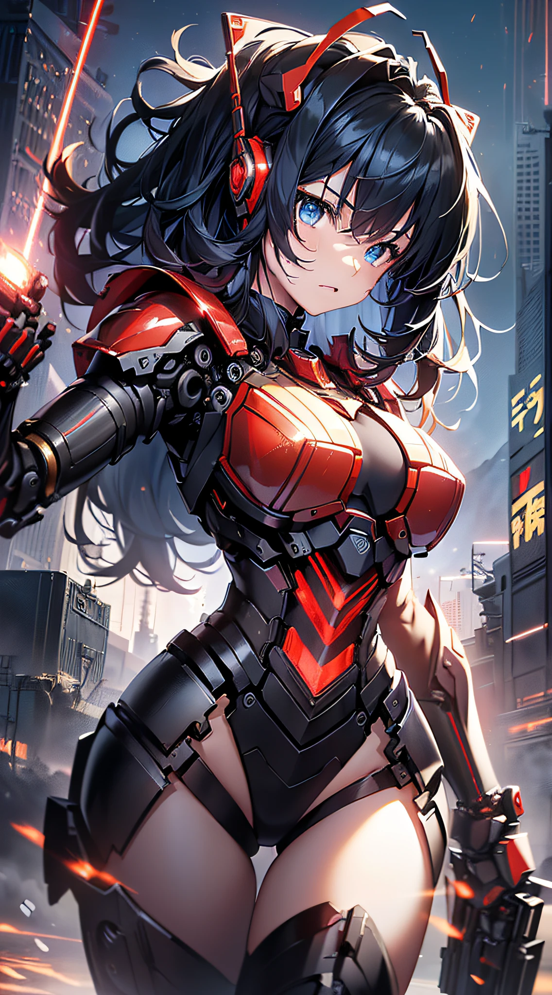 top-quality、Top image quality、masterpiece、girl with((red and black mechanical body armor、Brown skin、Shining red body line、sixteen years old、 ager、cute little、Best Bust、big bast,Beautiful shining red eyes、Breasts wide open, Black hair、Red mechanical wing,Longhaire、A slender,Large valleys、belligerent movements,machine gun)),hiquality、Beautiful Art、Background with((Midnight City、Pillar of fire、Cities in London)))、,masutepiece、depth of fields,Cinematic style
