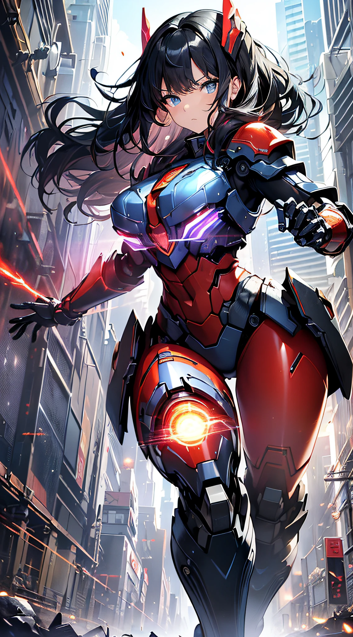 top-quality、Top image quality、​masterpiece、girl with((red and blue mechanical body armor、red mechanic arm、purple leg arms、Shining gold body line、sixteen years old、teen ager、cute little、Best Bust、big bast,Beautiful light blue eyes、Breasts wide open, Black hair semi-long、A slender,Large valleys、belligerent movements,glowing whip、Warlike face、fighting poses、red glowing shield、red glowing beam saber)),hiquality、Beautiful Art、Background with((Mechanical City)))、Depth((Black Giant Robot)),masutepiece、depth of fields,Cinematic style