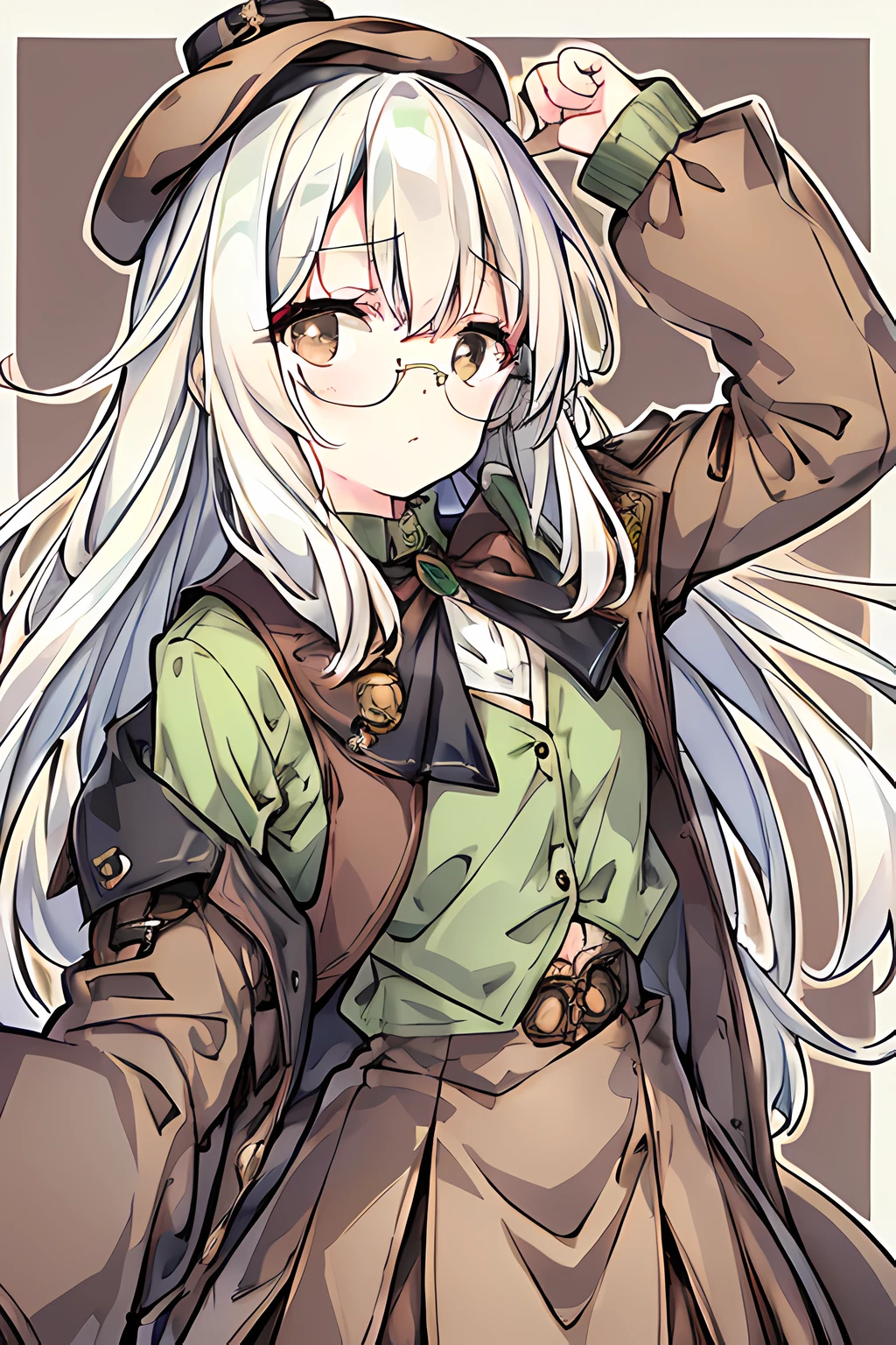 winter,shirt,Glasses with thin rim,White hair,Brown eyes,Brown tie,brown skirt,dark green beret,Dark green jacket,girl with,steampunkai